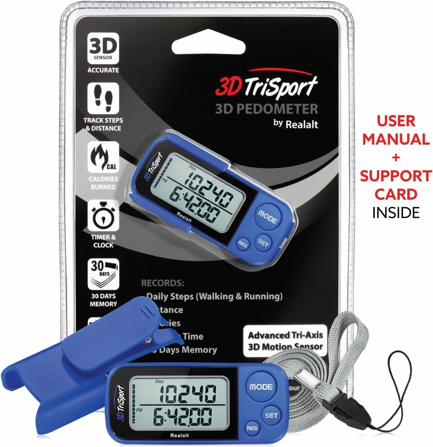 3DTriSport Walking 3D Pedometer with Clip and Strap, Free eBook | 30 Days Memory, Accurate Step Counter, Walking Distance Miles/Km, Calorie Counter