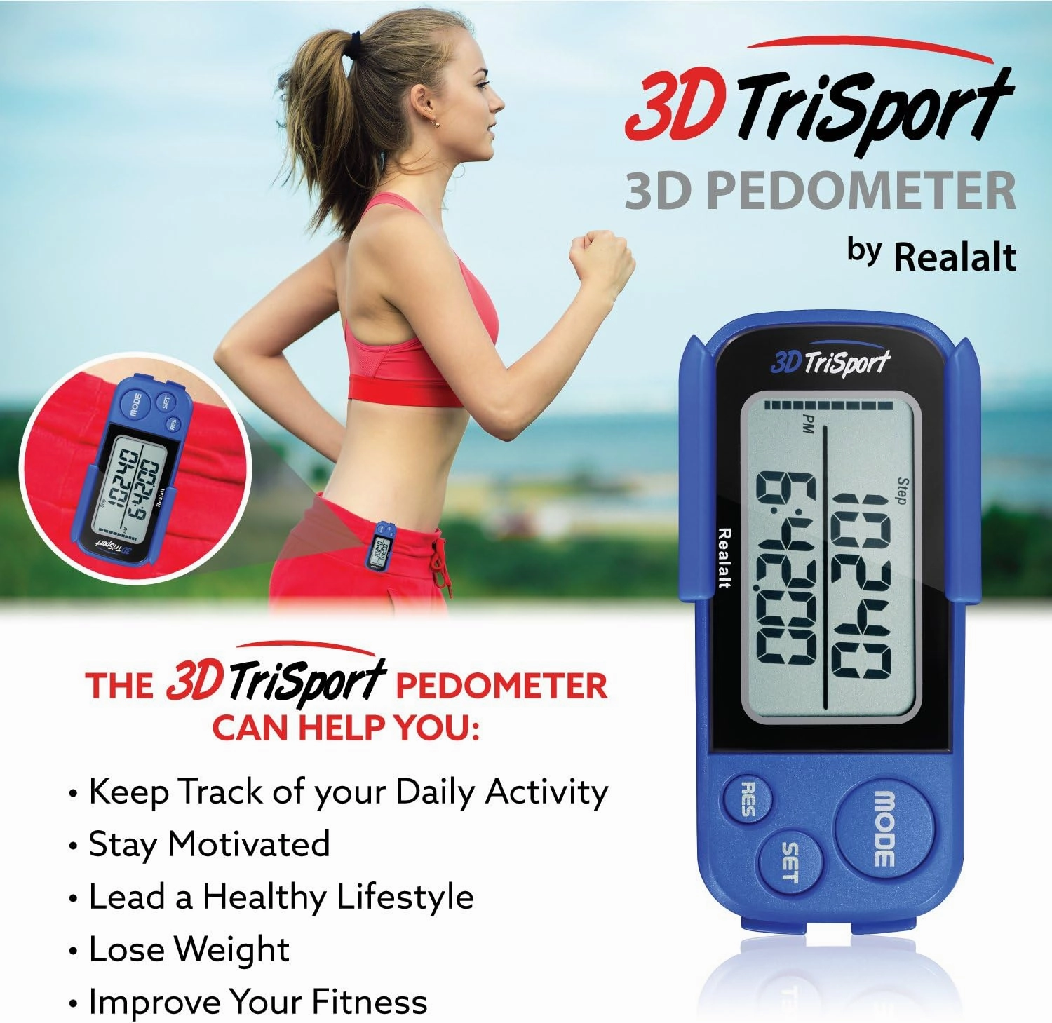 3DTriSport Walking 3D Pedometer with Clip and Strap, Free eBook | 30 Days Memory, Accurate Step Counter, Walking Distance Miles/Km, Calorie Counter