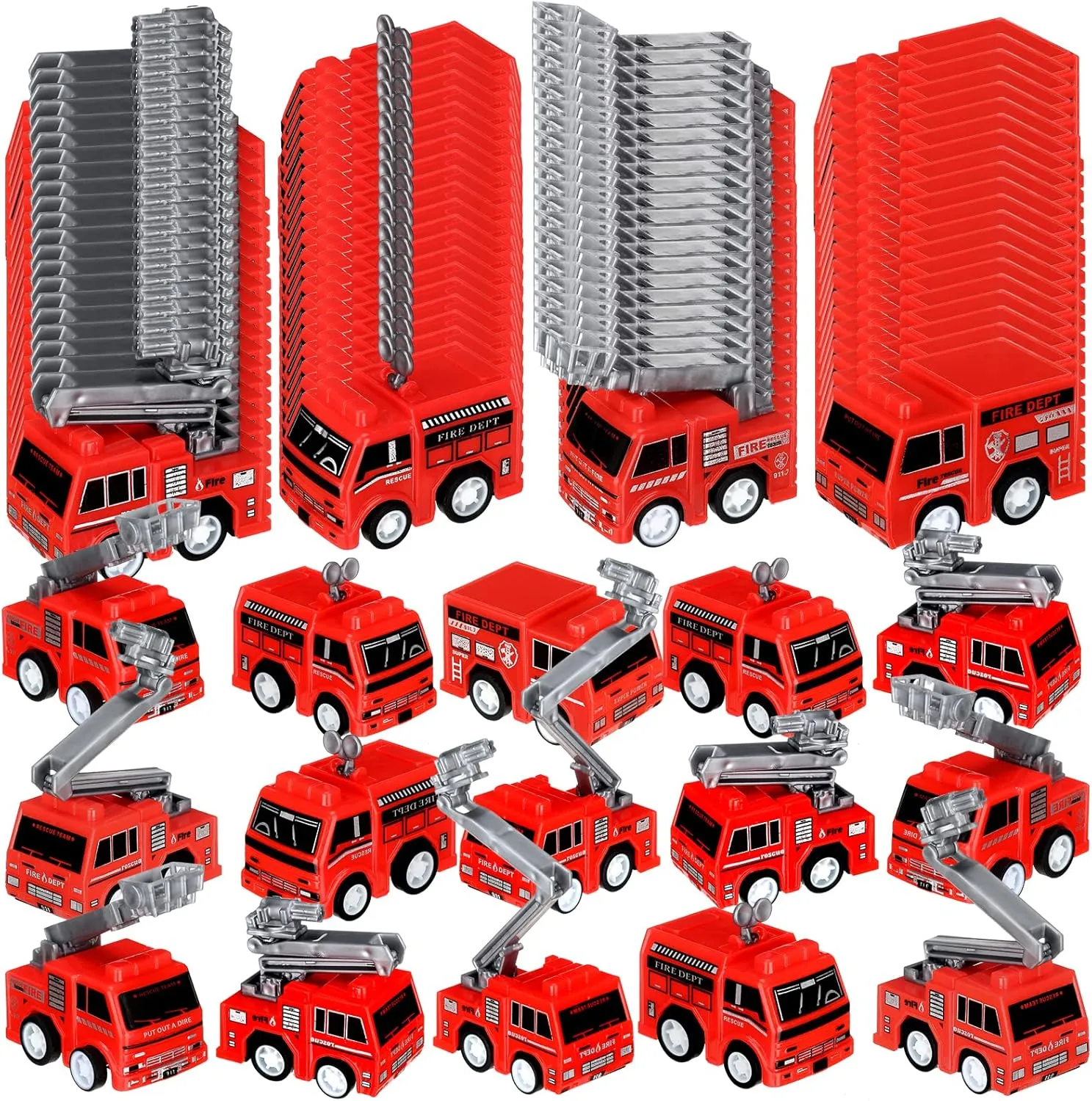 48 Pcs Mini Pullback Fire Truck Toy Small Pull Back Firetruck Plastic Fire Engine Toy Trucks Firefighter Birthday Party Supplies, Fireman Favors Goodie Bag Fillers, 4 Styles