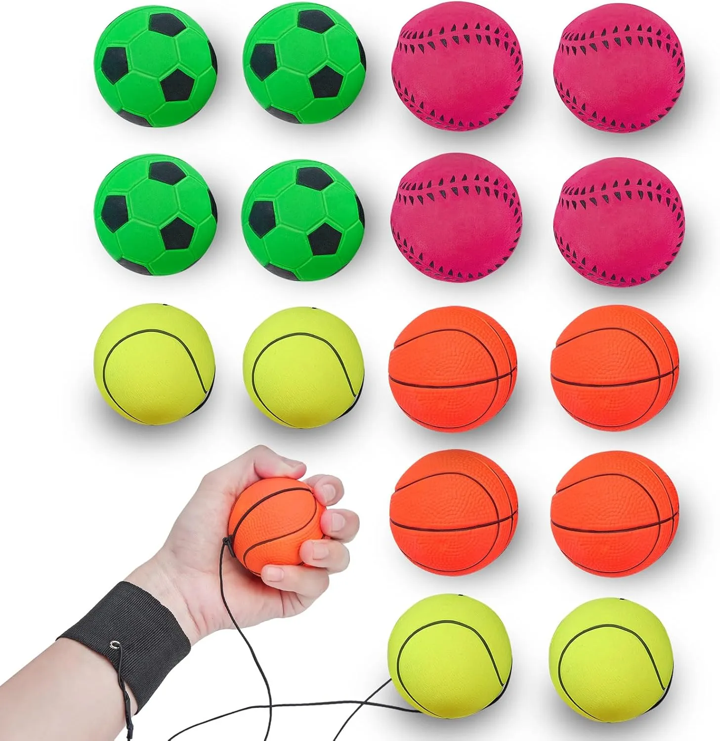 4/8/16 Pack 2.36 Inch Wrist Return Ball Wristband Ball Rubber Rebound Bouncy Sport Ball (Basketball, Baseball, Soccer,Tennis) on Elastic String Wrist Exercise or Play,Gift Toy for Kids Teens Adults