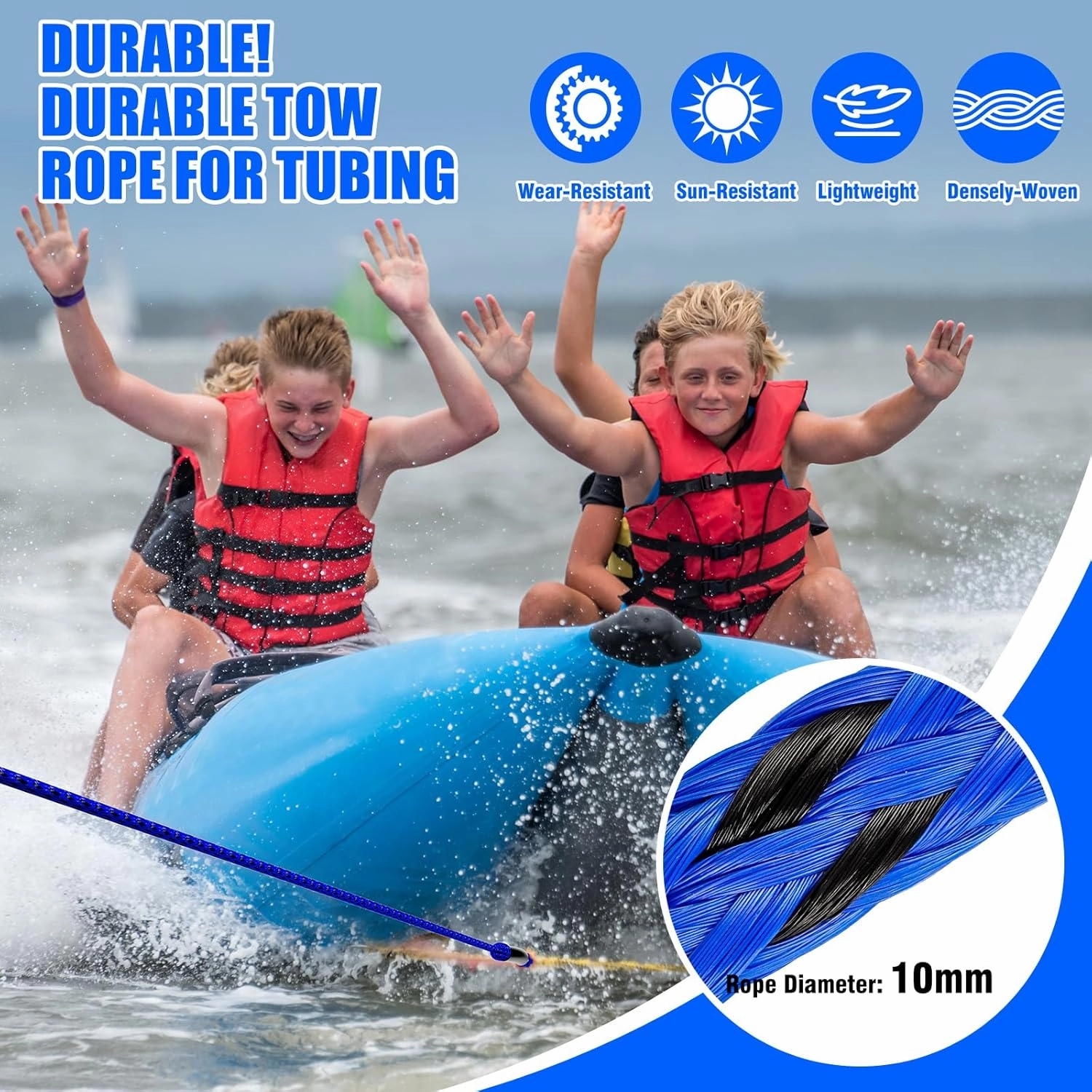4-6K 60FT Boat Tow Rope for Tubing, Fits 1-4 Person Towable Tubes Boating, Heavy-Duty Floating Tube Tow Rope for Watersports
