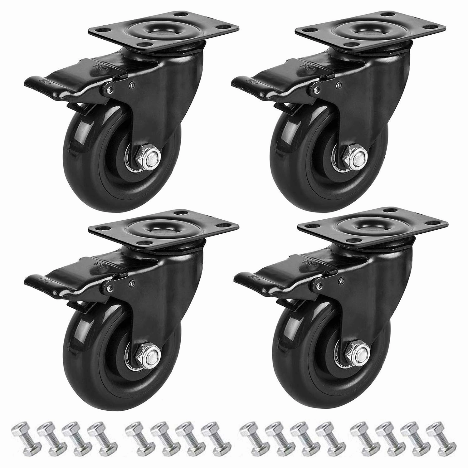 4" Swivel Plate Caster Wheels, PRITEK Heavy Duty Metal Caster Wheels Lock the Top Plate and the Wheels Replacement for Industrial Trailer or Large Home Furniture (bearing 300lbs each, set of 4)