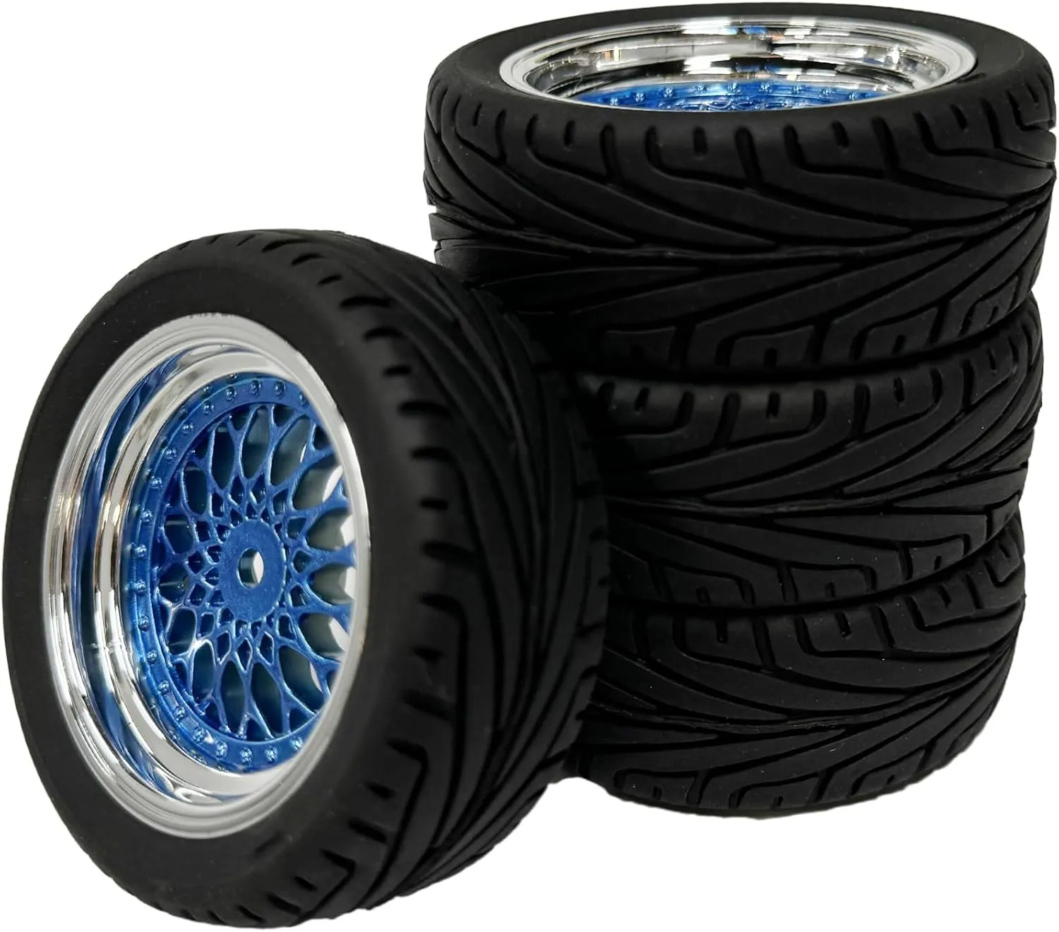 4PCS RC On-Road Car Tyres 65mm Rubber Tire and Plastic Plating Wheel Rims for 1:10 RC Run-flating Racing Touring Car for Tamiya HSP HPI Kyosho(Blue Silver,Offset:9mm)
