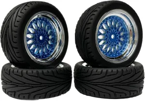 4PCS RC On-Road Car Tyres 65mm Rubber Tire and Plastic Plating Wheel Rims for 1:10 RC Run-flating Racing Touring Car for Tamiya HSP HPI Kyosho(Blue Silver,Offset:9mm)