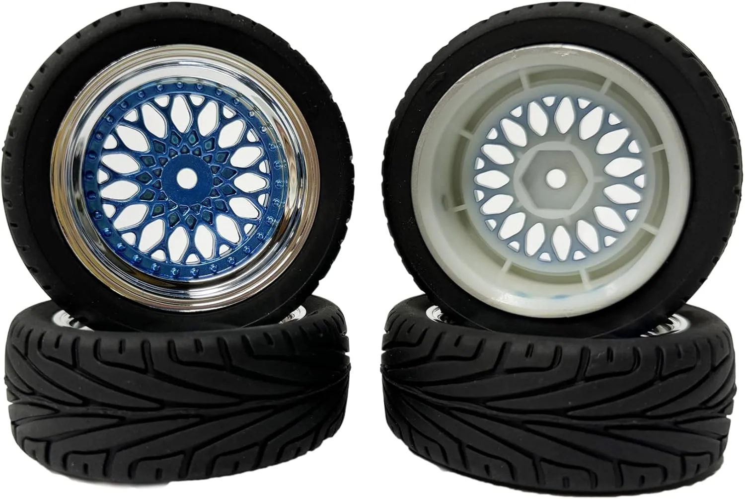 4PCS RC On-Road Car Tyres 65mm Rubber Tire and Plastic Plating Wheel Rims for 1:10 RC Run-flating Racing Touring Car for Tamiya HSP HPI Kyosho(Blue Silver,Offset:9mm)
