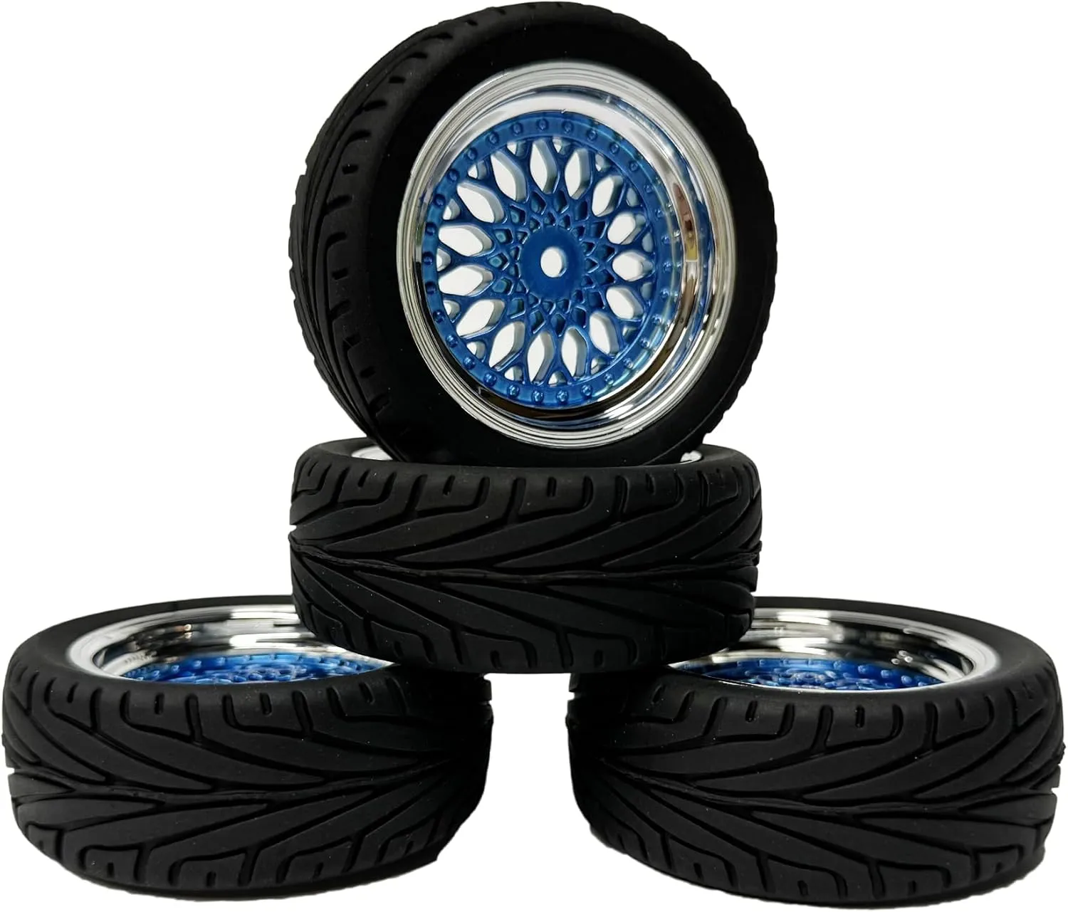 4PCS RC On-Road Car Tyres 65mm Rubber Tire and Plastic Plating Wheel Rims for 1:10 RC Run-flating Racing Touring Car for Tamiya HSP HPI Kyosho(Blue Silver,Offset:9mm)