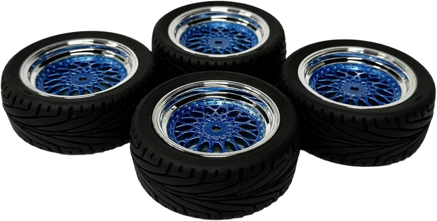 4PCS RC On-Road Car Tyres 65mm Rubber Tire and Plastic Plating Wheel Rims for 1:10 RC Run-flating Racing Touring Car for Tamiya HSP HPI Kyosho(Blue Silver,Offset:9mm)