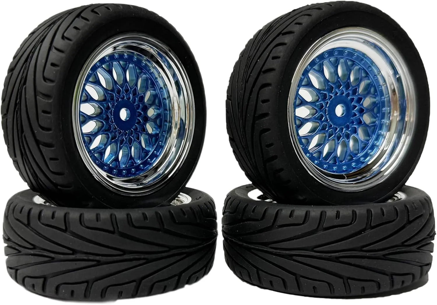 4PCS RC On-Road Car Tyres 65mm Rubber Tire and Plastic Plating Wheel Rims for 1:10 RC Run-flating Racing Touring Car for Tamiya HSP HPI Kyosho(Blue Silver,Offset:9mm)