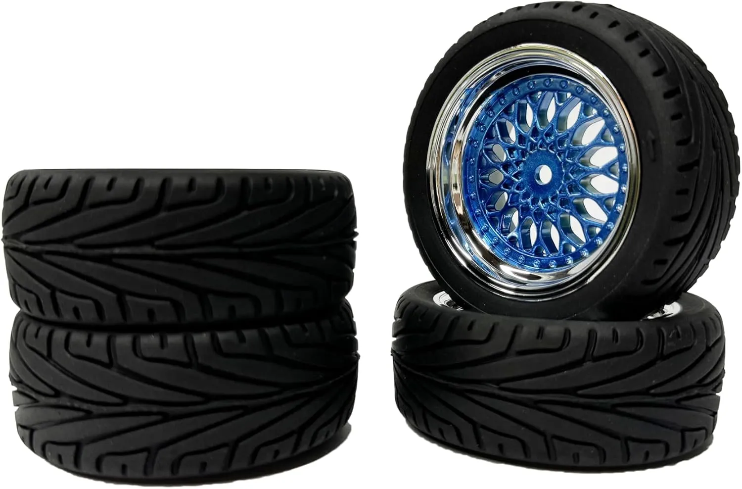4PCS RC On-Road Car Tyres 65mm Rubber Tire and Plastic Plating Wheel Rims for 1:10 RC Run-flating Racing Touring Car for Tamiya HSP HPI Kyosho(Blue Silver,Offset:9mm)