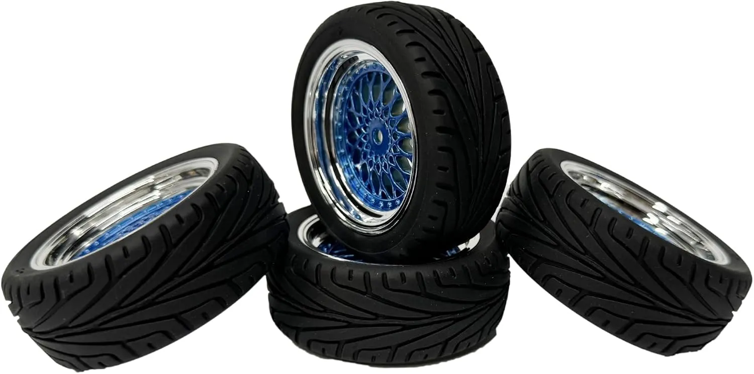 4PCS RC On-Road Car Tyres 65mm Rubber Tire and Plastic Plating Wheel Rims for 1:10 RC Run-flating Racing Touring Car for Tamiya HSP HPI Kyosho(Blue Silver,Offset:9mm)