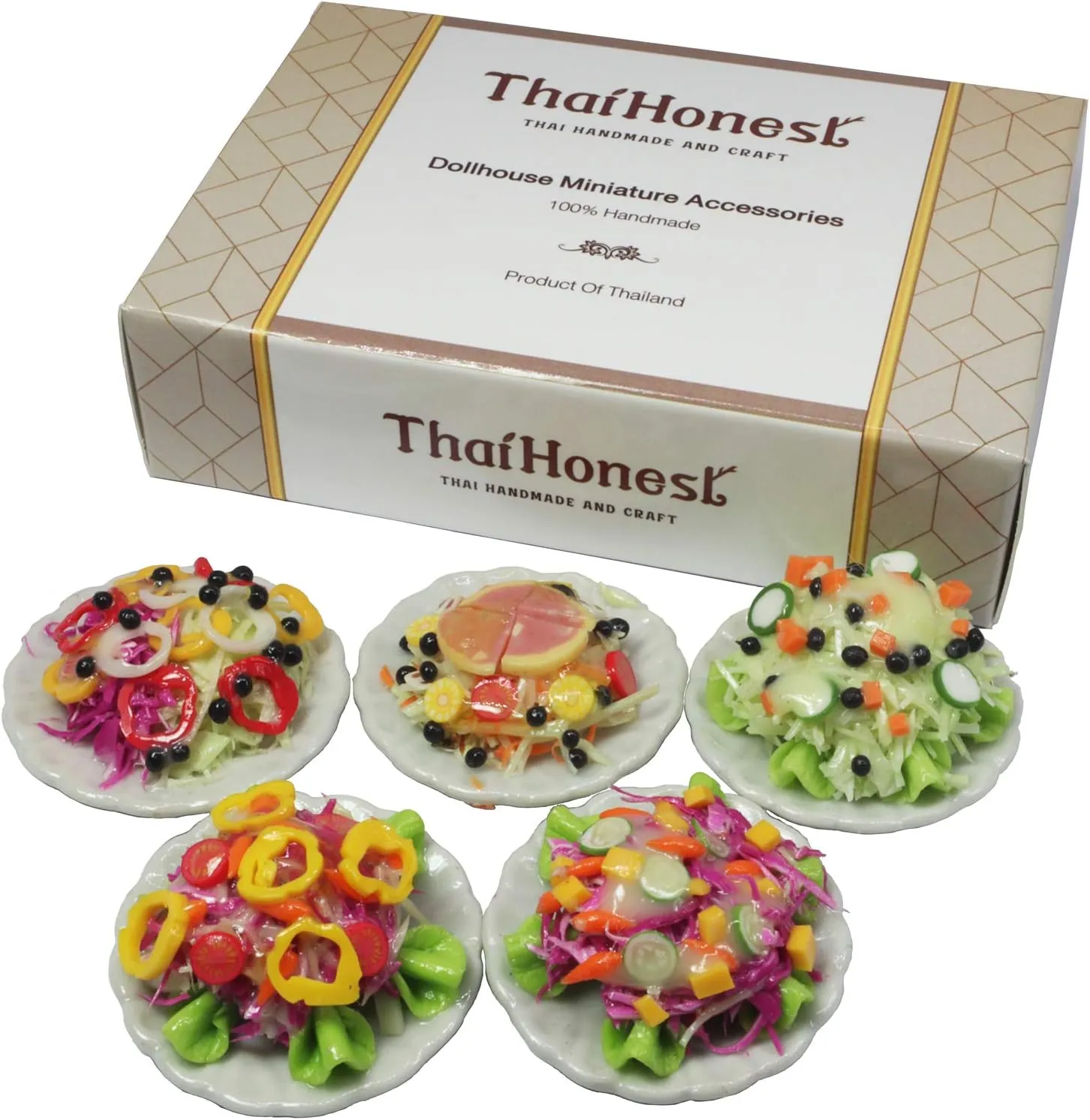 5 Assorted Salad with Plate for Dollhouse Miniature Food 1:6 Scale Realistic Clay Food for Dollhouses, Doll Accessories (A)