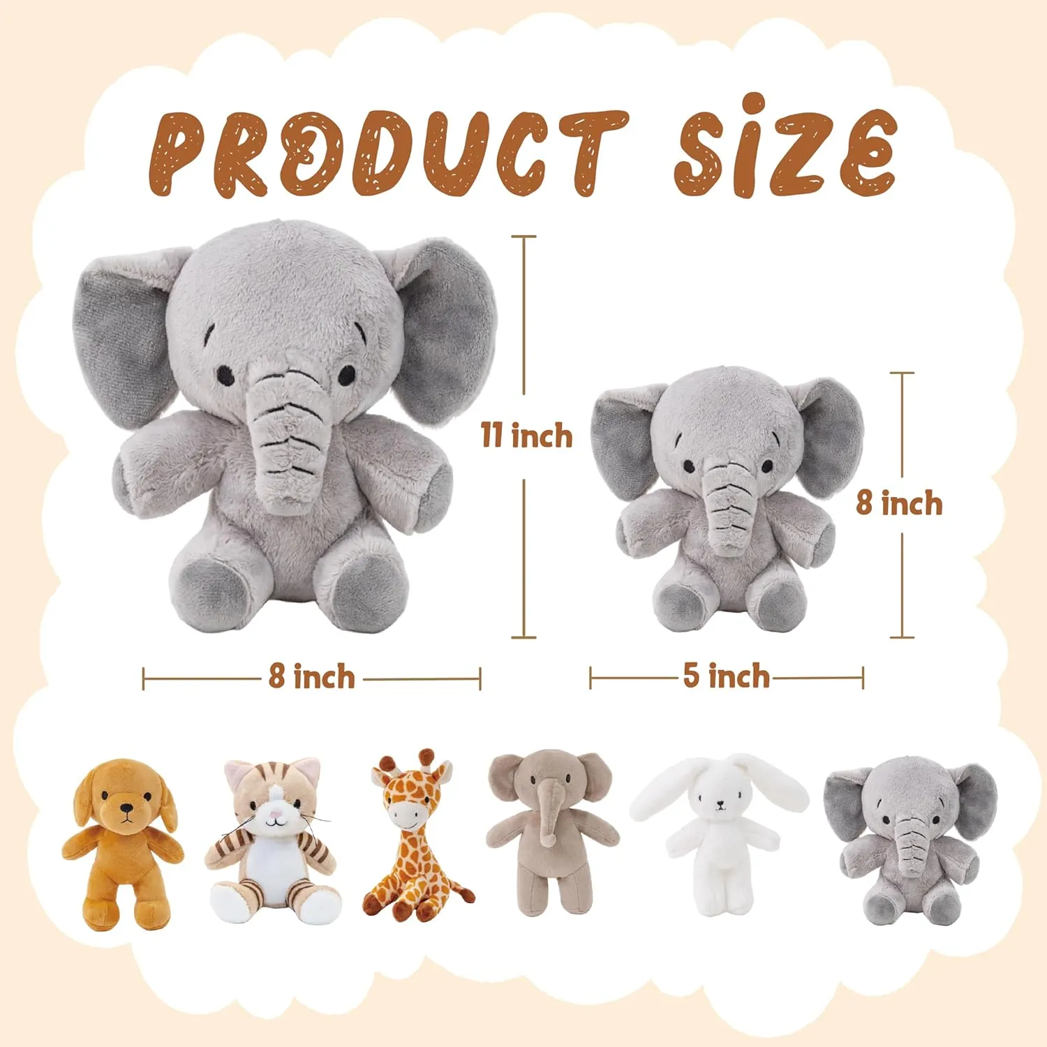 6 Pcs Stuffed Animals Bulk, Safari Stuffed Animals, 11 Inch Plush Animals, Cat Dog Elephants Giraffe Bunny for Party Animal Themed