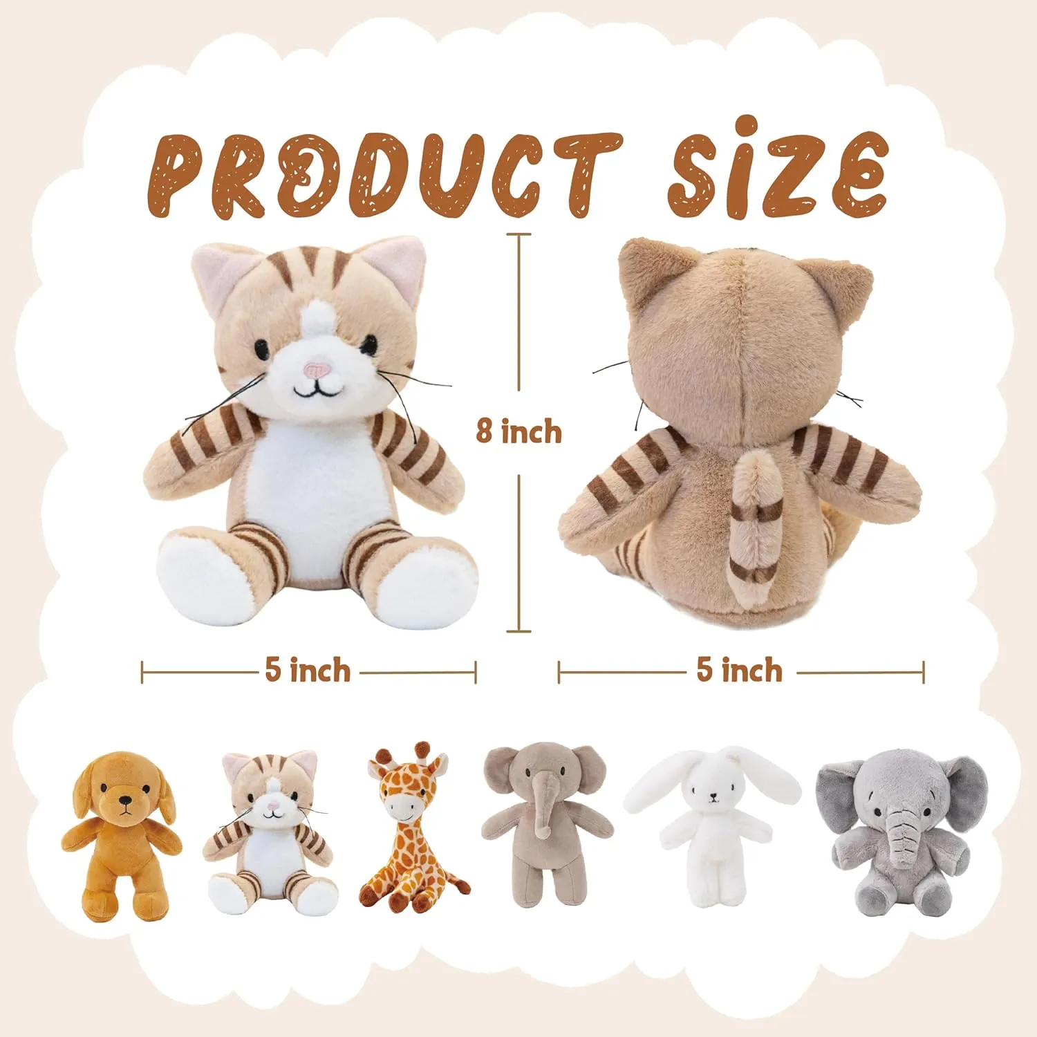 6 Pcs Stuffed Animals Bulk, Safari Stuffed Animals, 8 Inch Plush Animals, Cat Dog Elephants Giraffe Bunny for Party Animal Themed