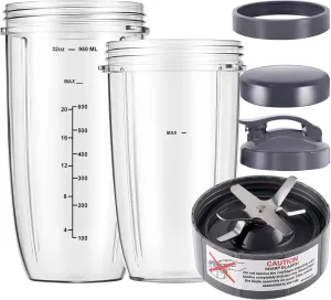 6-pieces Blender Replacement Parts, 32oz & 24oz Cups Extractor Blade with Stay-fresh Lid To-Go Lid and Lip Ring, Replacement Cups for Nutri Bullet Blenders 600w & Pro 900w