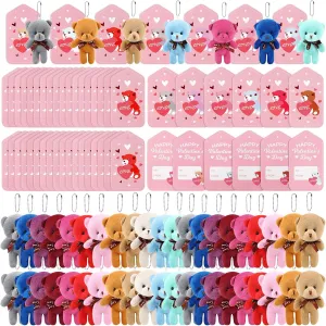 60 Pack Valentines Day Cards for Children with Stuffed Bear Set Mini Stuffed Animals Bear Keychain Plush Tiny Bear Doll in Bulk for Kid Valentine's School Classroom Exchange Gift Valentine Party