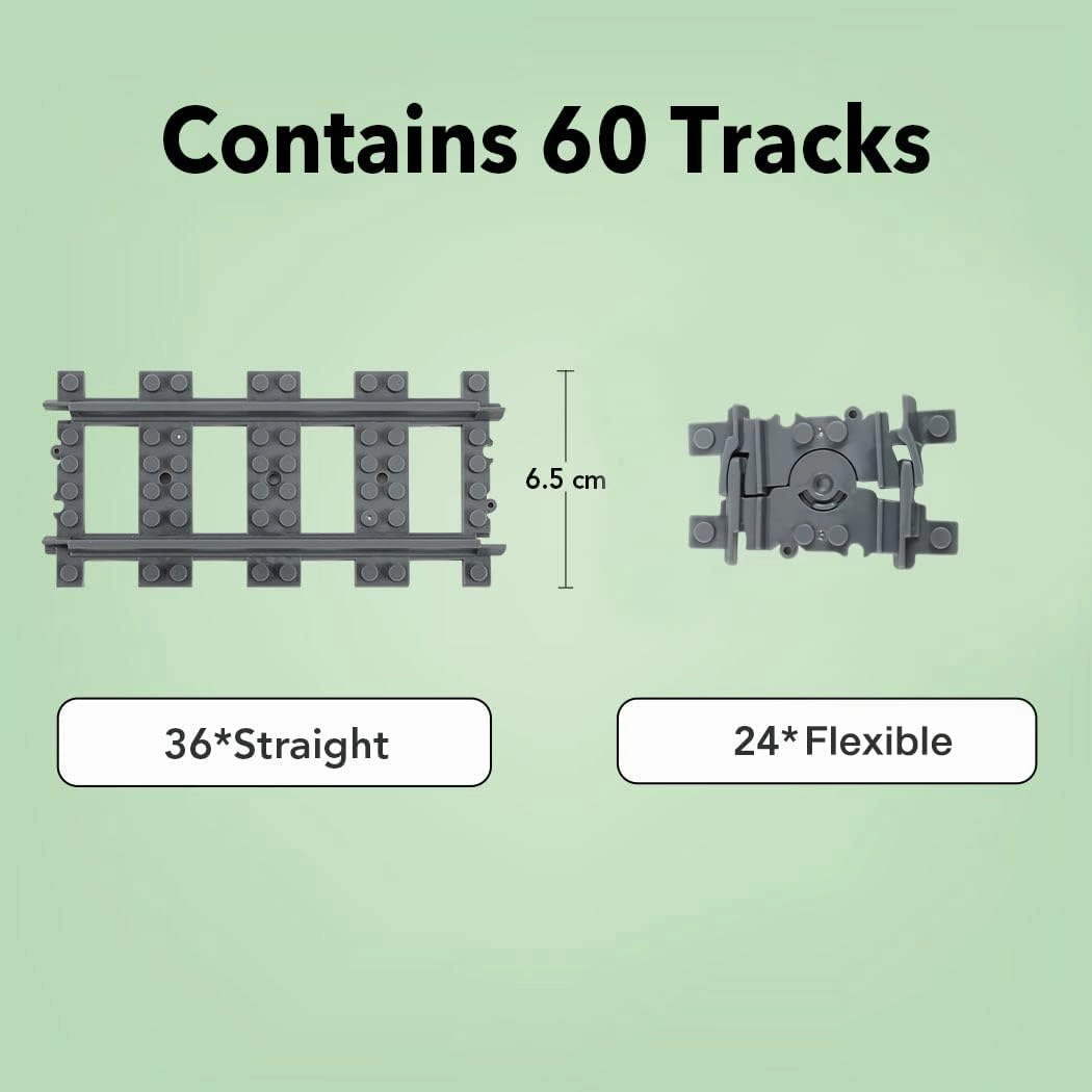 60PCS City Train Tracks, Straight and Flexible Train Tracks Accessories - Railroad Building Toy Compatible with Major Brand