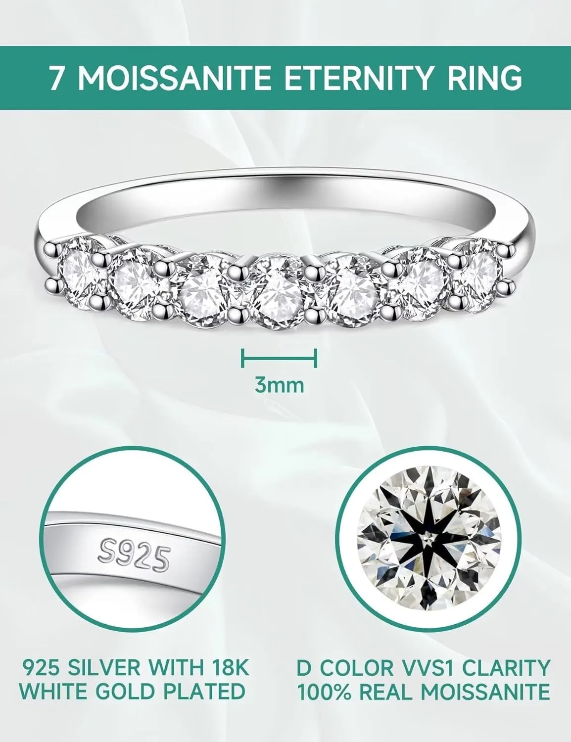 7 Stones Moissanite Anniversary Rings for Women, 0.7 Carat Round Cut Diamond 18K White Gold Plated 925 Sterling Silver Half Eternity Wedding Bands Stackable Ring