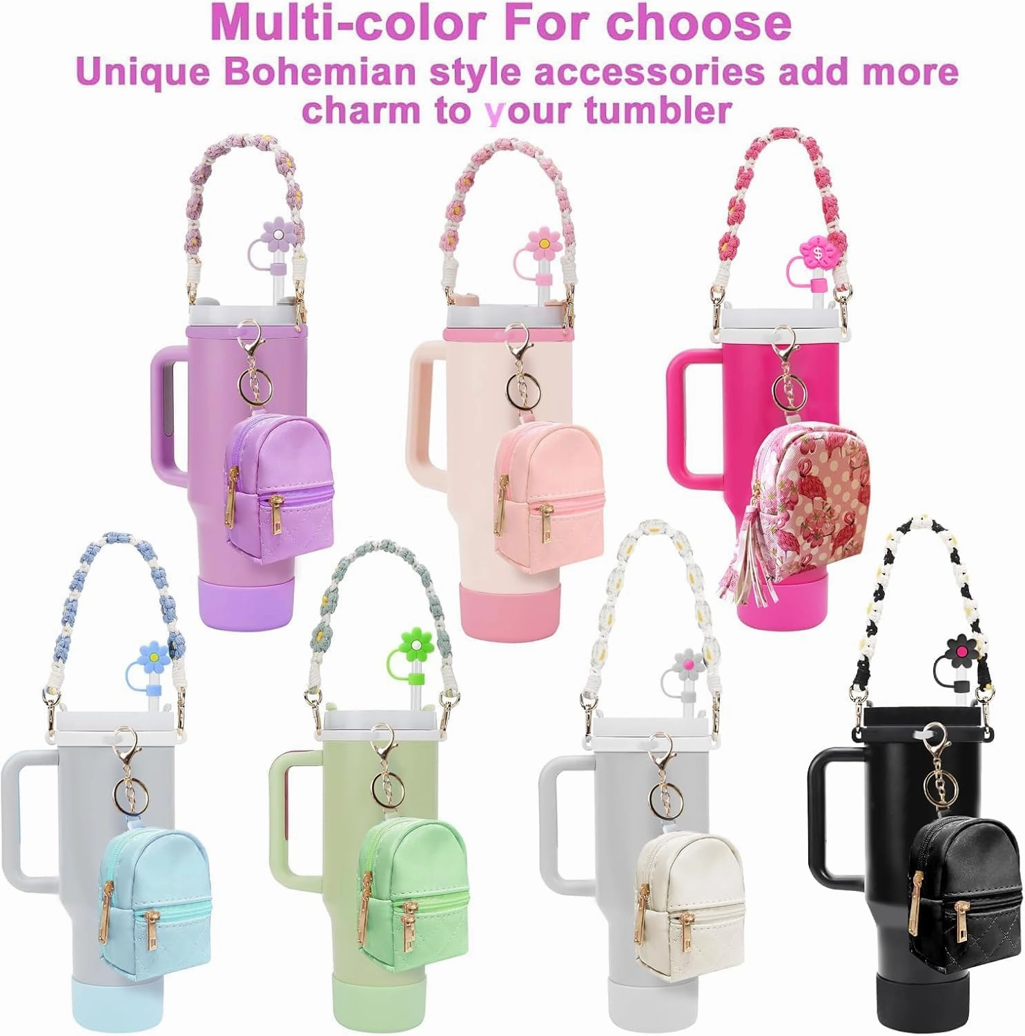 7 PCS Cup Accessories Set Including Water Bottle Handle Strap Silicone Boot,Coin Purse,Silicone Cup Boot, Silicone Straw Cover for Stanley Cup 30oz & 40oz Tumbler