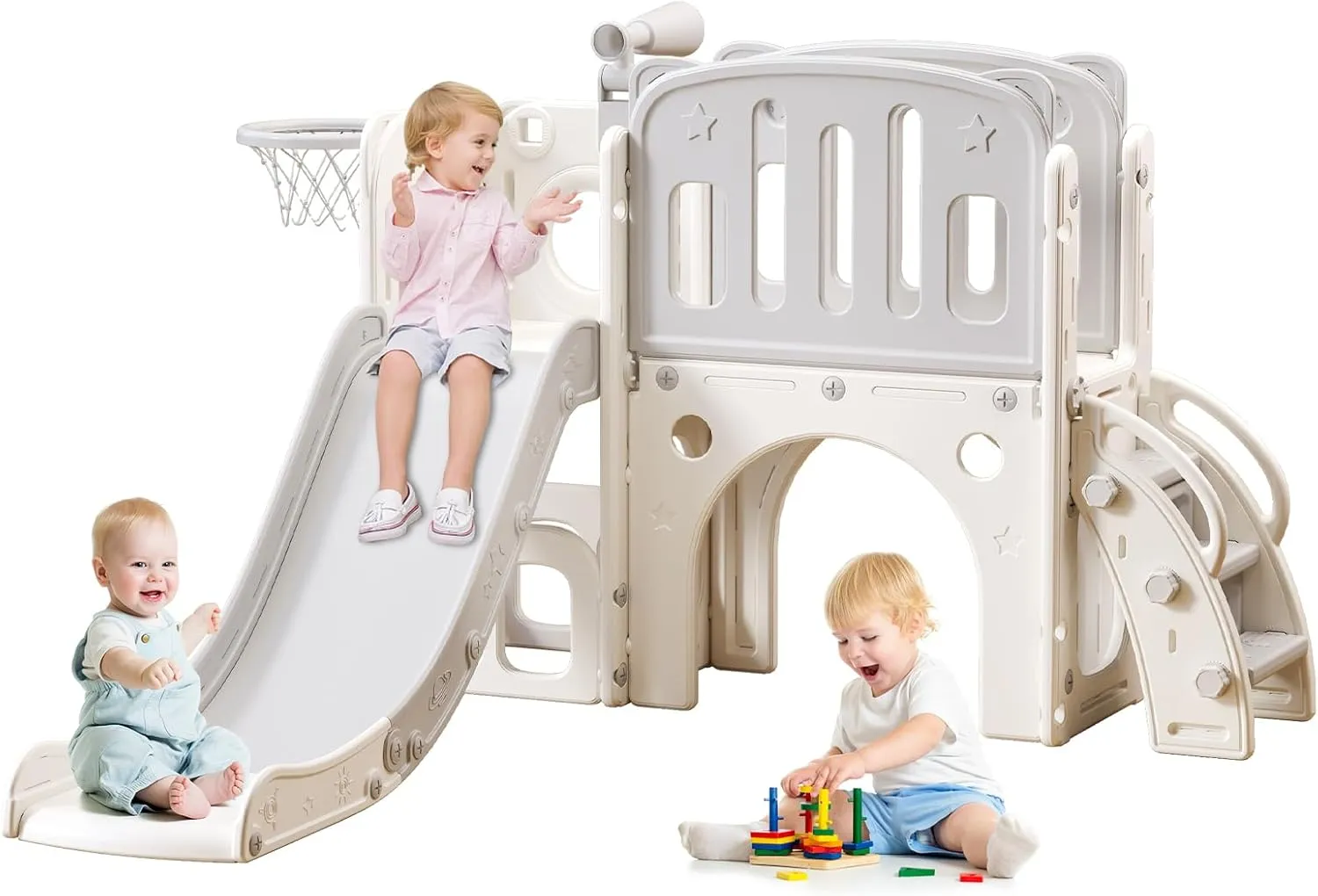 8 in 1 Toddler Slide for Toddlers Age 1-3, Extra-Long Slide with Basketball Hoop Indoor and Outdoor Baby Climber Playset Playground Freestanding Slide (Medium, White Grey)
