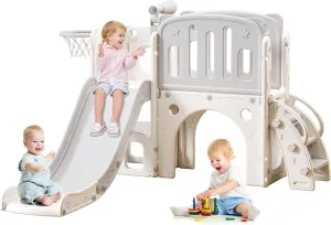 8 in 1 Toddler Slide for Toddlers Age 1-3, Extra-Long Slide with Basketball Hoop Indoor and Outdoor Baby Climber Playset Playground Freestanding Slide (Medium, White Grey)