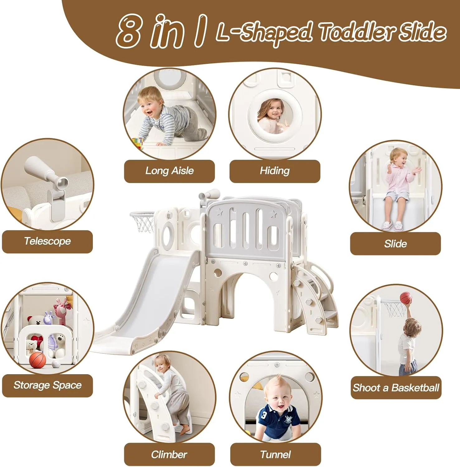 8 in 1 Toddler Slide for Toddlers Age 1-3, Extra-Long Slide with Basketball Hoop Indoor and Outdoor Baby Climber Playset Playground Freestanding Slide (Medium, White Grey)
