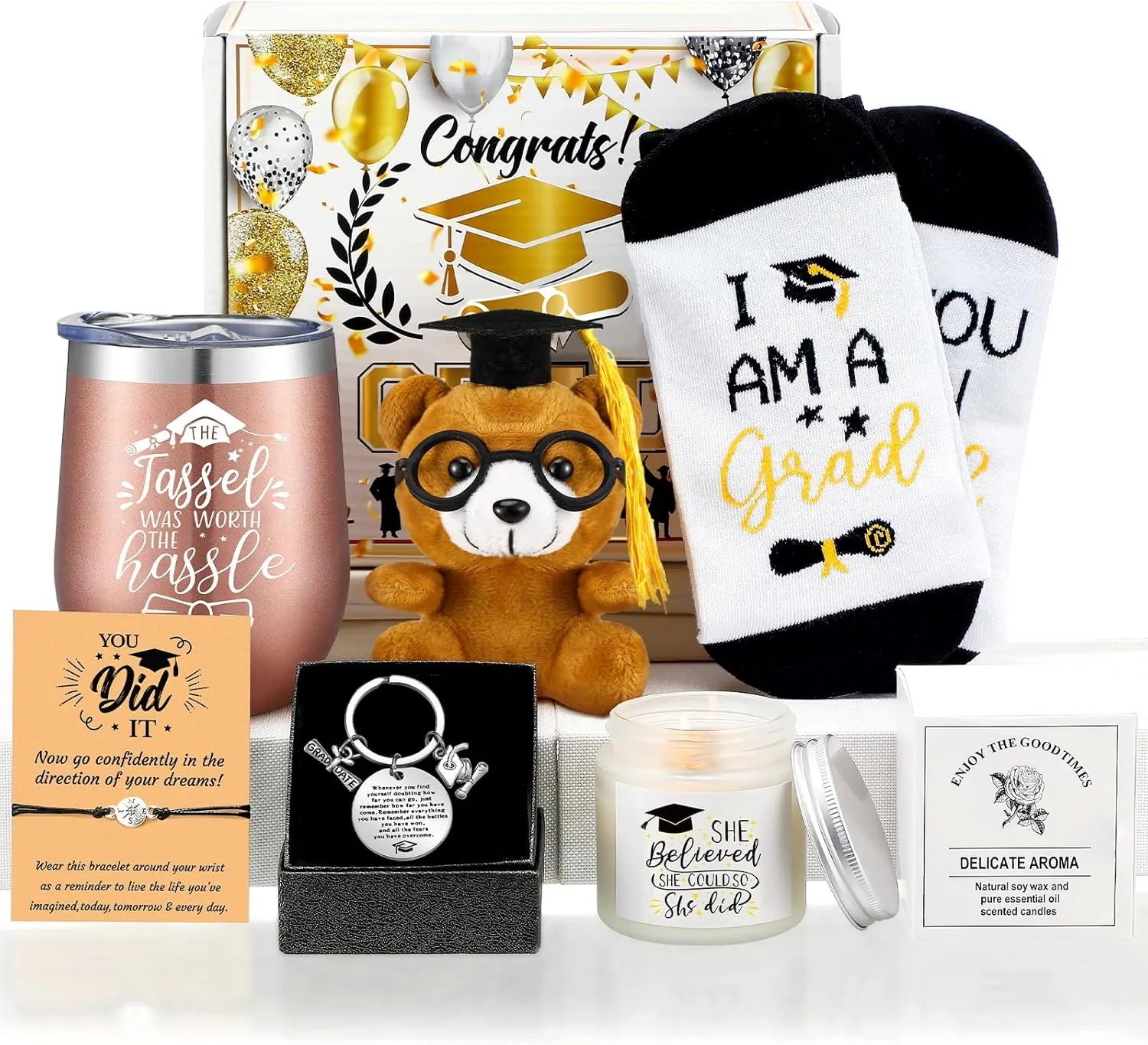 8 Pcs Graduation Gifts for Her 2025 High School College Graduation Gifts Congrats Grad Box Bracelet Water Cup Scented Candle Key Chain Paper Card Bear Socks for Women Girlfriend Sister