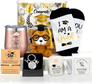 8 Pcs Graduation Gifts for Her 2025 High School College Graduation Gifts Congrats Grad Box Bracelet Water Cup Scented Candle Key Chain Paper Card Bear Socks for Women Girlfriend Sister