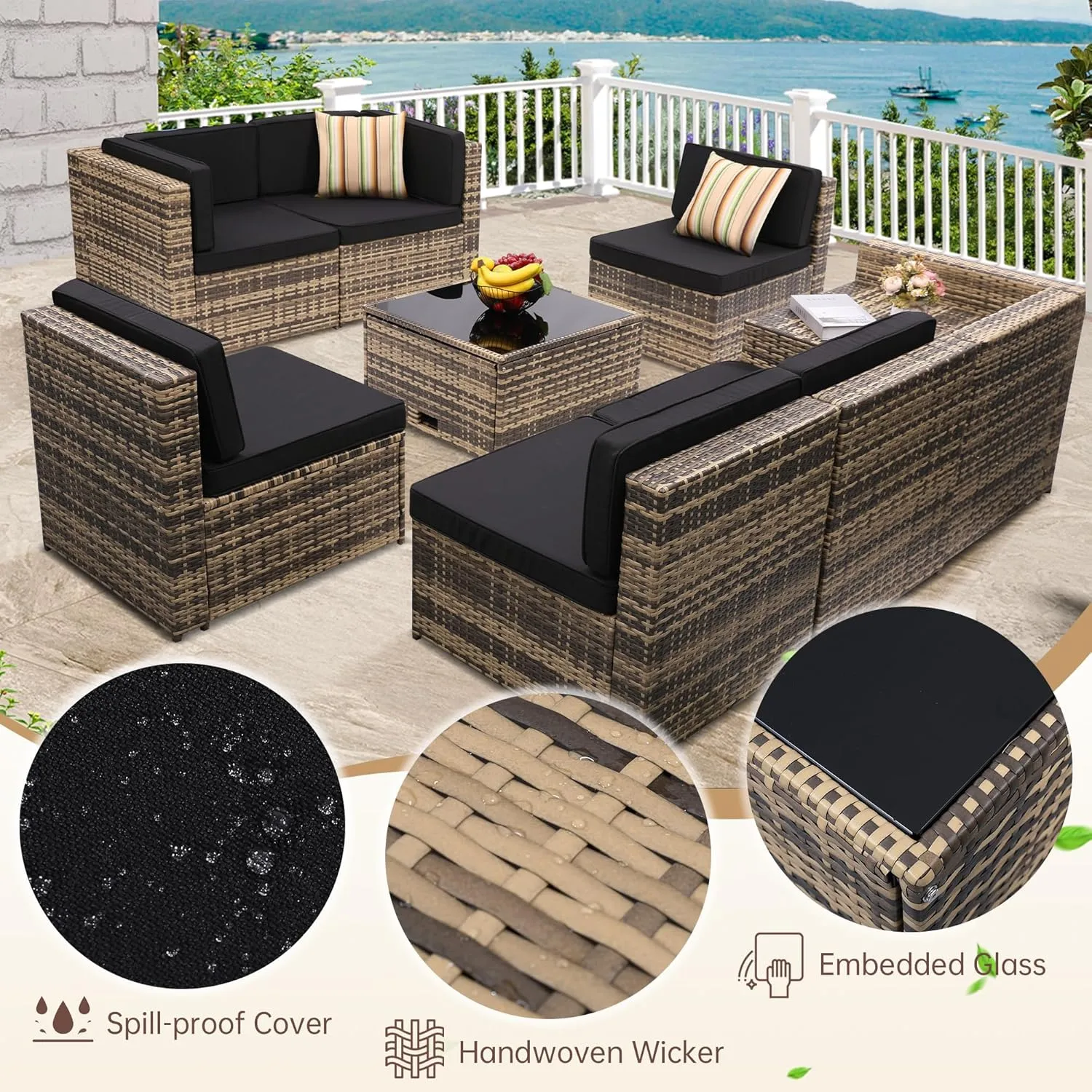 8 Piece Outdoor Wicker Patio Furniture Sectional Set, Glass Top Table with Hidden Storage, Includes 7 Seating Components, Natural Rattan with Black Overstuffed Cushions