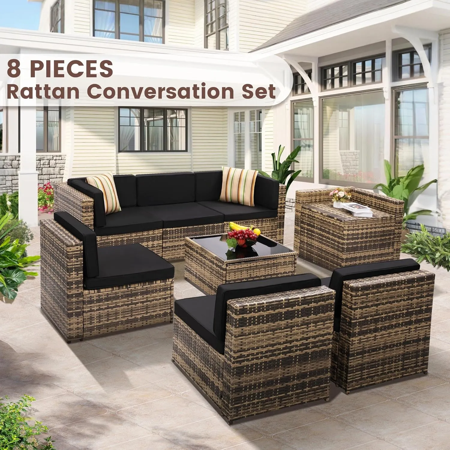 8 Piece Outdoor Wicker Patio Furniture Sectional Set, Glass Top Table with Hidden Storage, Includes 7 Seating Components, Natural Rattan with Black Overstuffed Cushions