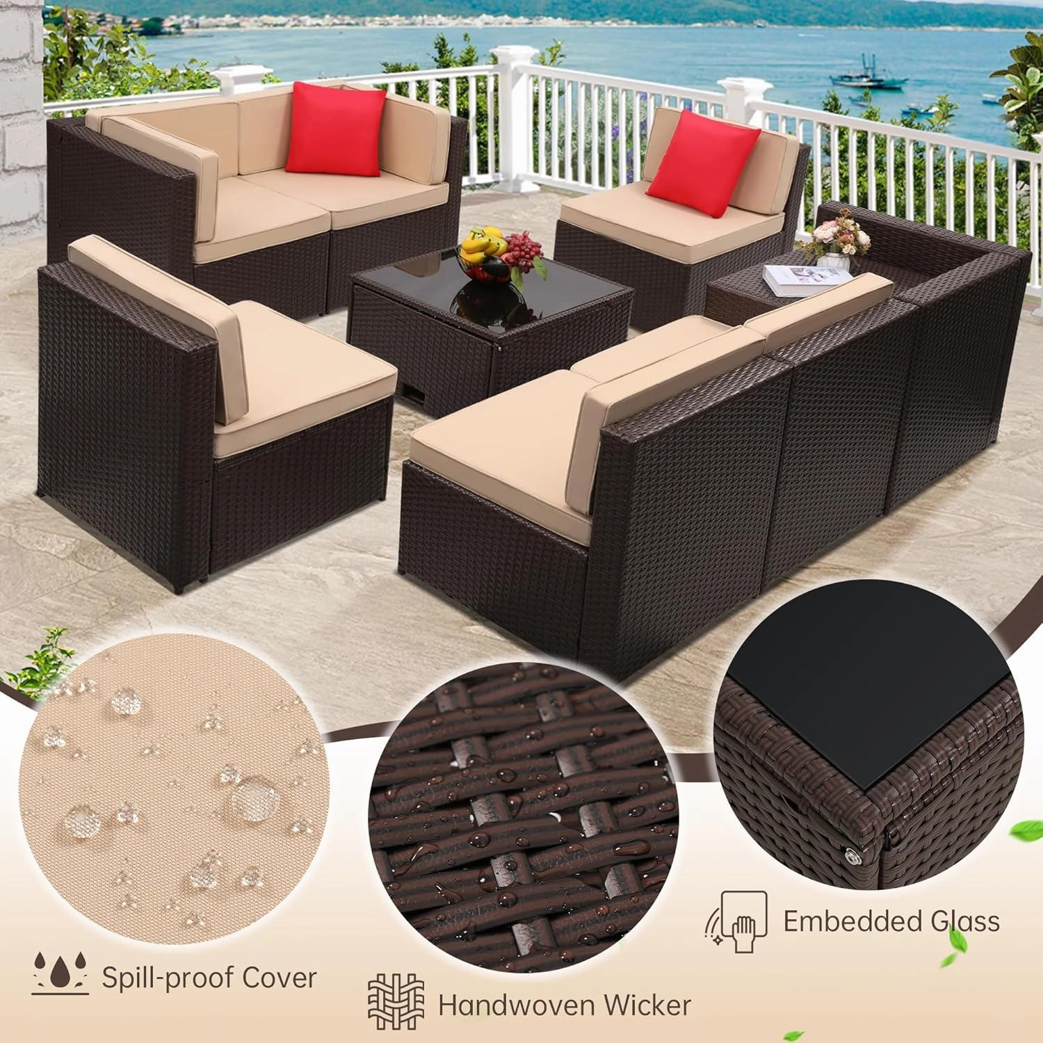 8 Piece Outdoor Wicker Patio Furniture Sectional Set, Glass Top Table with Hidden Storage, Includes 7 Seating Components, Brown Rattan with Beige Overstuffed Cushions