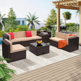 8 Piece Outdoor Wicker Patio Furniture Sectional Set, Glass Top Table with Hidden Storage, Includes 7 Seating Components, Brown Rattan with Beige Overstuffed Cushions