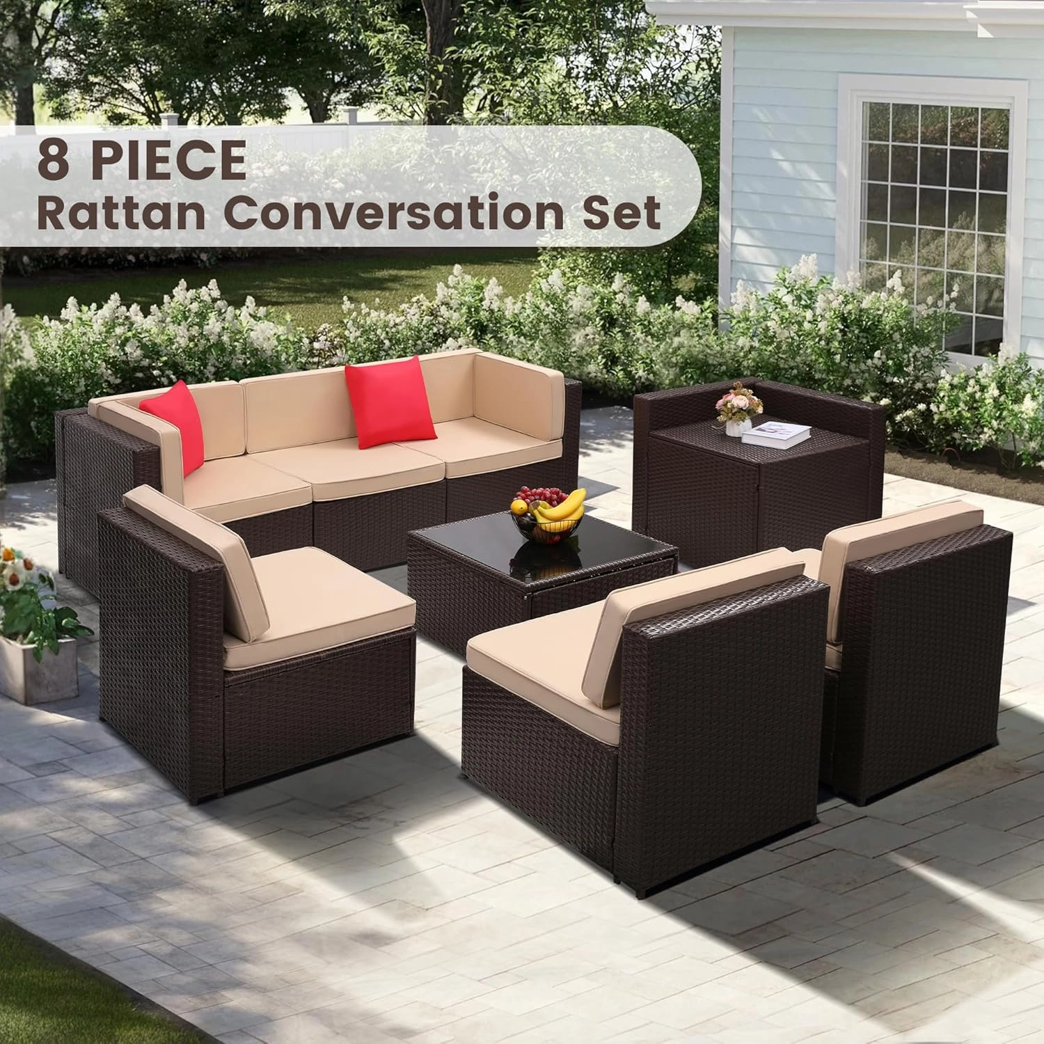 8 Piece Outdoor Wicker Patio Furniture Sectional Set, Glass Top Table with Hidden Storage, Includes 7 Seating Components, Brown Rattan with Beige Overstuffed Cushions