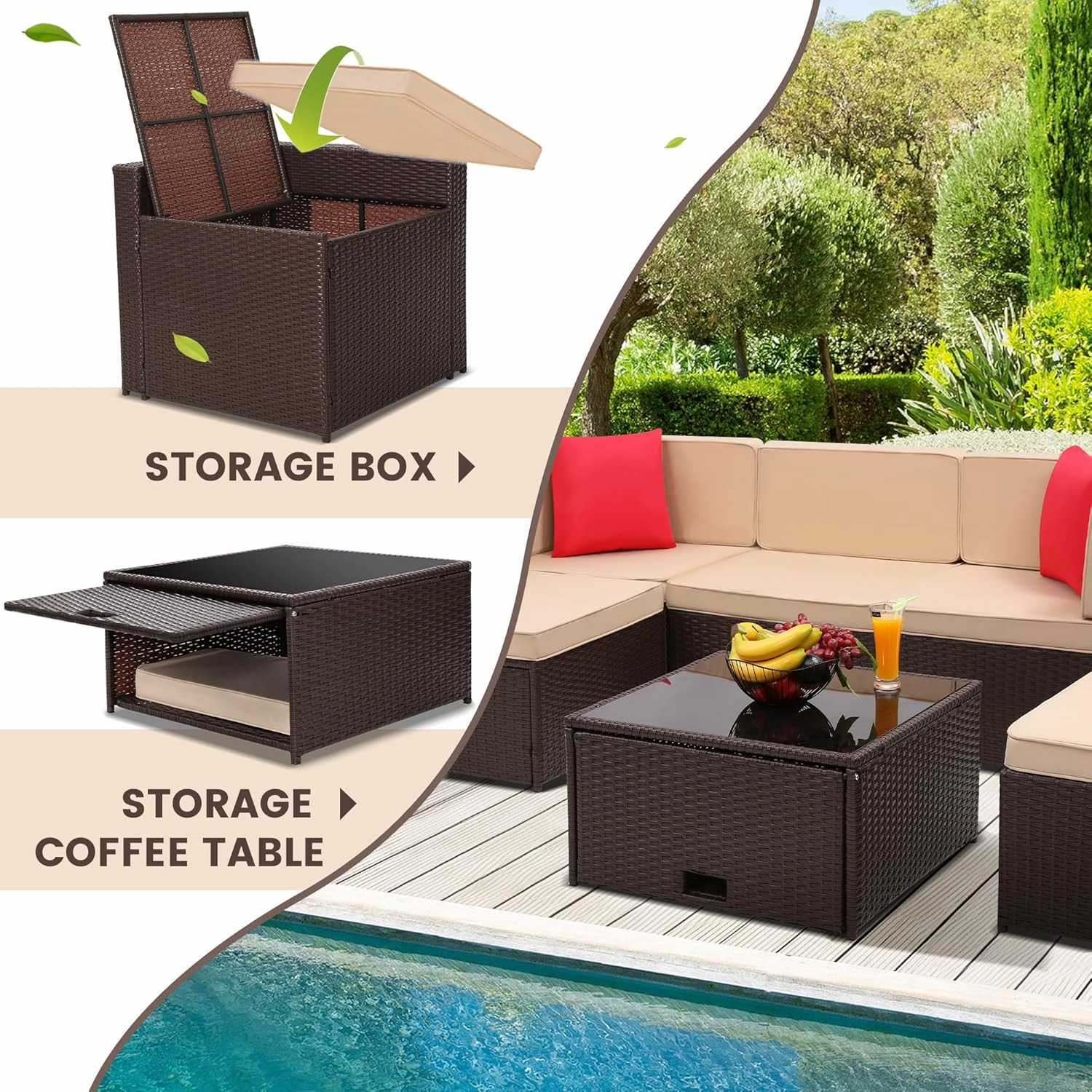 8 Piece Outdoor Wicker Patio Furniture Sectional Set, Glass Top Table with Hidden Storage, Includes 7 Seating Components, Brown Rattan with Beige Overstuffed Cushions