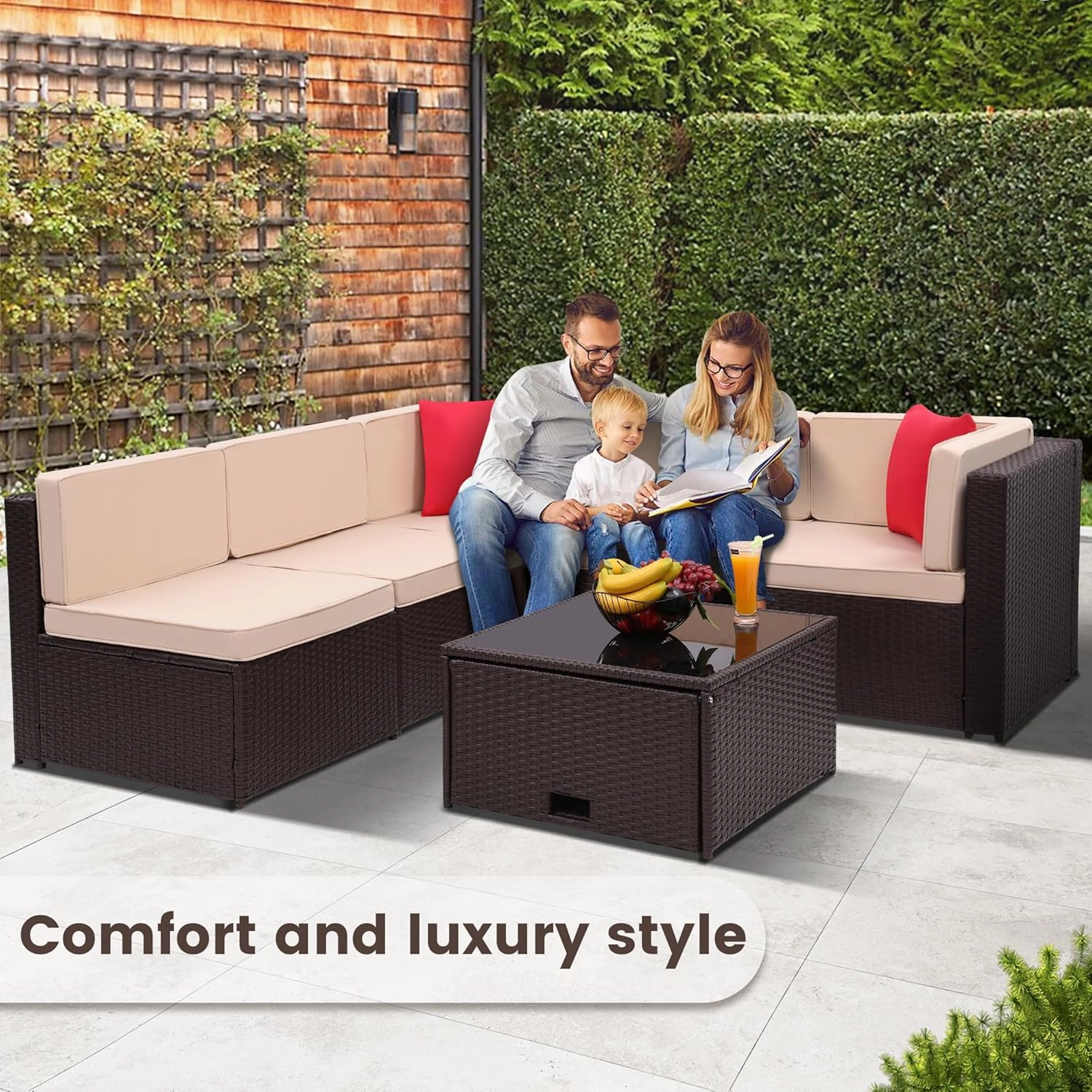 8 Piece Outdoor Wicker Patio Furniture Sectional Set, Glass Top Table with Hidden Storage, Includes 7 Seating Components, Brown Rattan with Beige Overstuffed Cushions