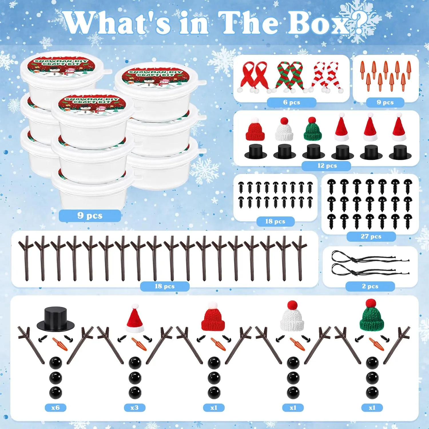 9 Pack Build a Modeling Clay Snowman Kit, Snowman DIY Christmas Crafts for Kids, Christmas Crafts Xmas Gift Winter