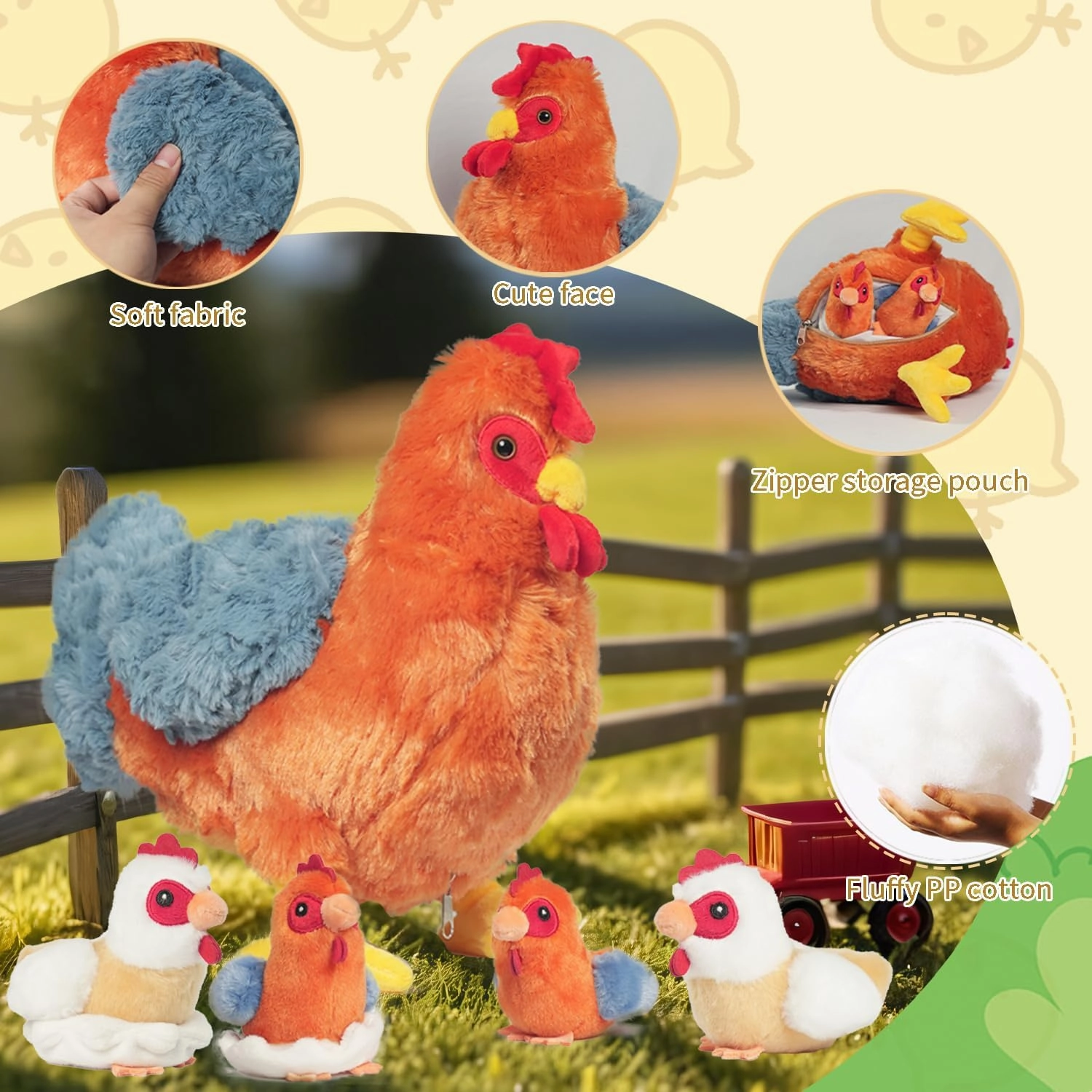 9 in 1 Chicken Stuffed Animal Set, Zippered Stuffed Chicken Plush Toys Egg Laying Hen with Eggs, Baby Chicks Plush Chickens and Coop for Kids Girls BoysBirthday