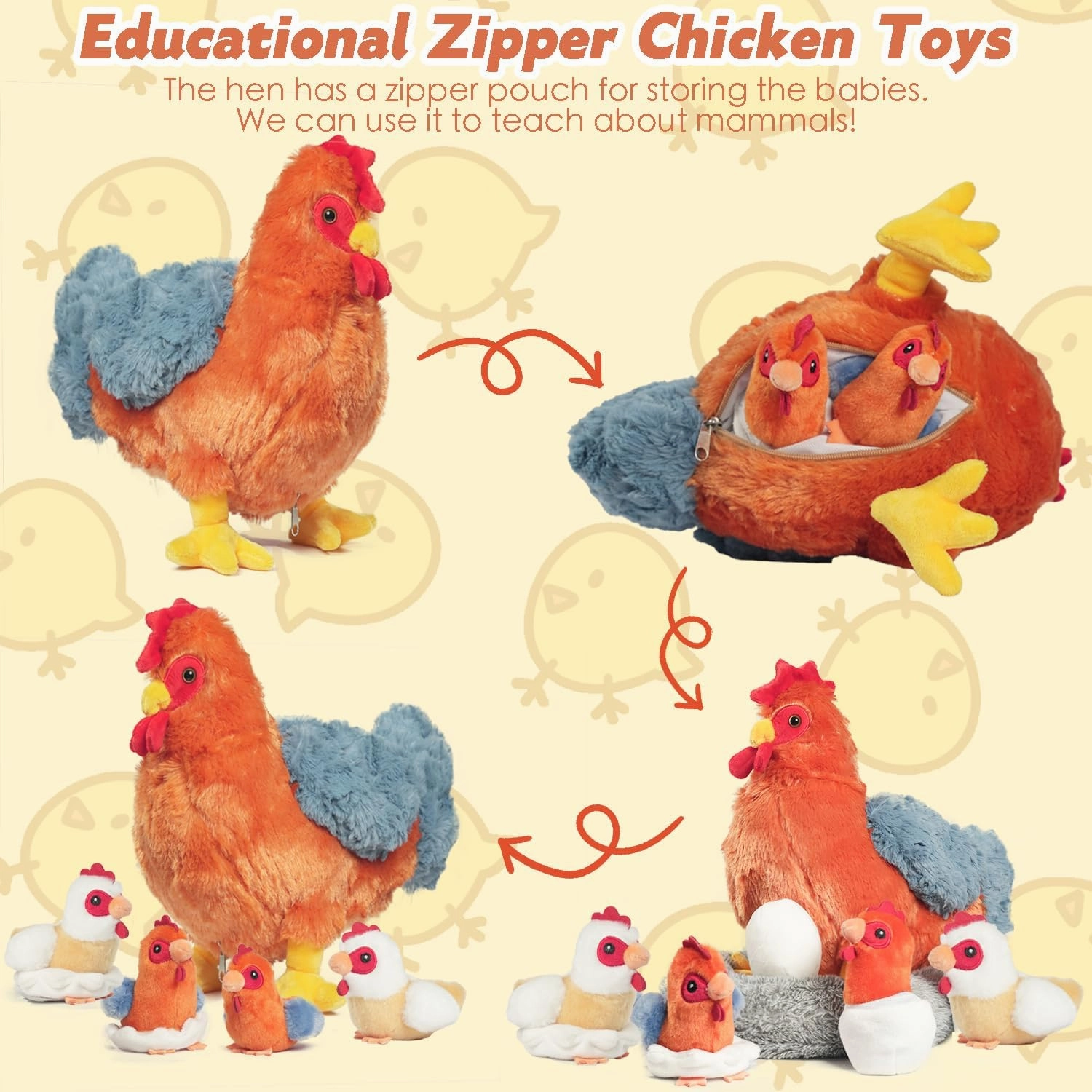 9 in 1 Chicken Stuffed Animal Set, Zippered Stuffed Chicken Plush Toys Egg Laying Hen with Eggs, Baby Chicks Plush Chickens and Coop for Kids Girls BoysBirthday
