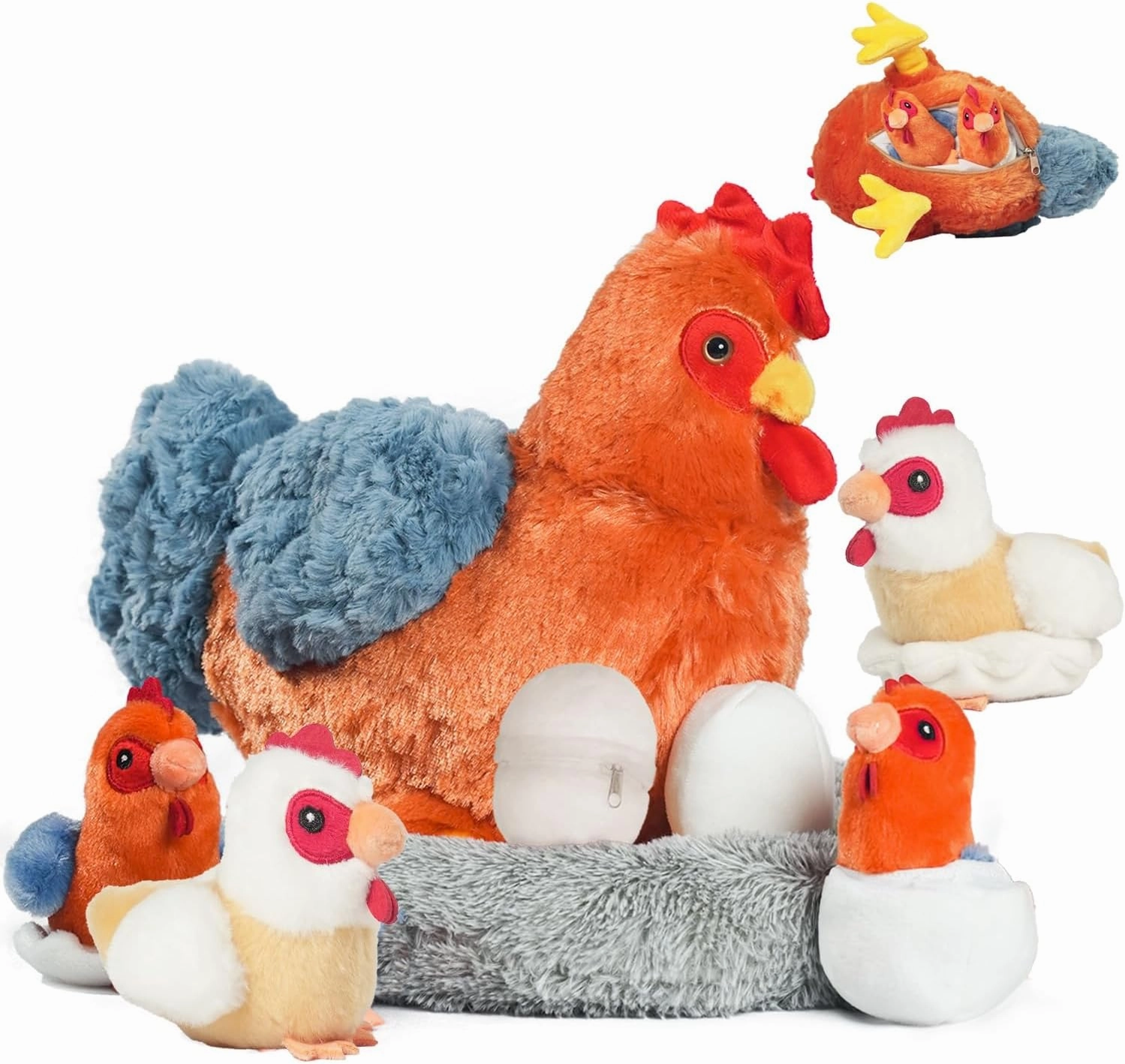 9 in 1 Chicken Stuffed Animal Set, Zippered Stuffed Chicken Plush Toys Egg Laying Hen with Eggs, Baby Chicks Plush Chickens and Coop for Kids Girls BoysBirthday
