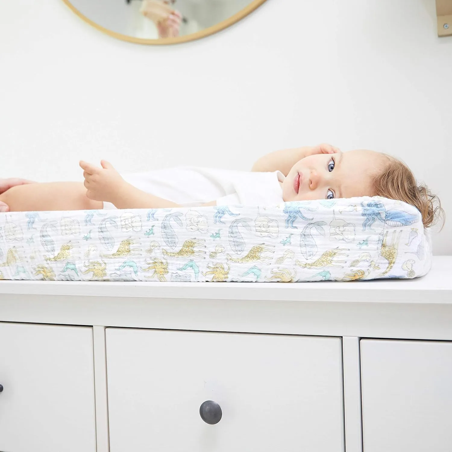 aden   anais Essentials Changing Pad Cover, 100% Cotton Muslin, Super Soft & Breathable, Tailored Snug Fit, Single, Natural History