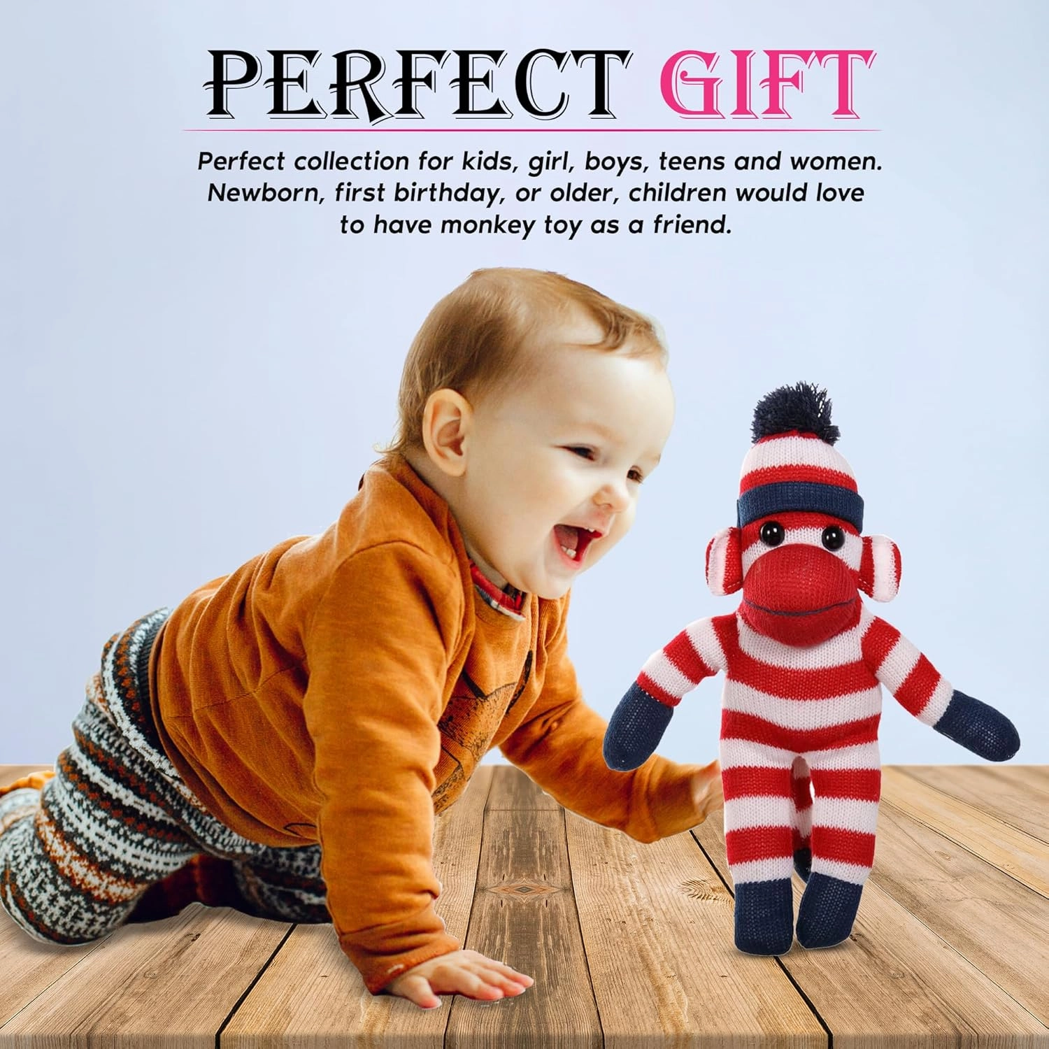 Adorable Sock Monkey, The Original Traditional Hand Knitted Stuffed Animal Toy Gift-for Kids, Babies, Teens, Girls and Boys Baby Doll Present Puppet (16" Red)