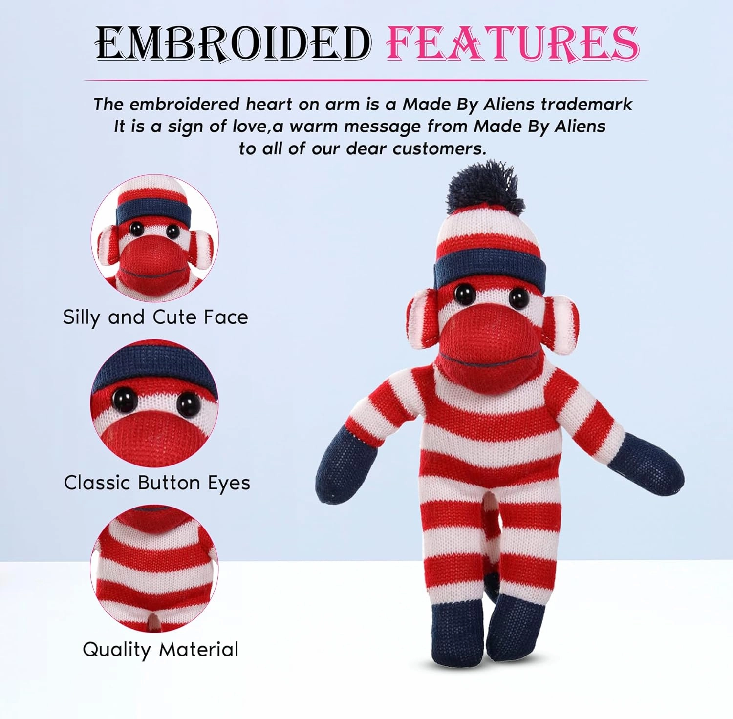 Adorable Sock Monkey, The Original Traditional Hand Knitted Stuffed Animal Toy Gift-for Kids, Babies, Teens, Girls and Boys Baby Doll Present Puppet (16" Red)