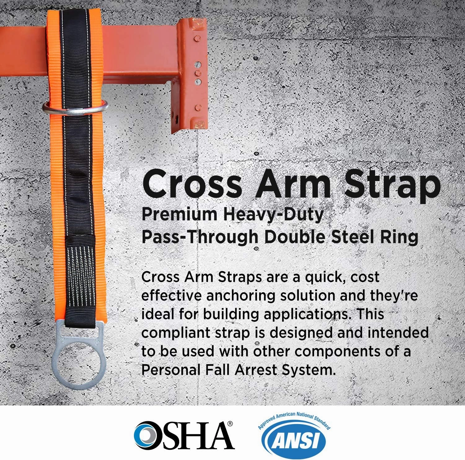 AFP 3’ Cross Arm Strap Premium Heavy-Duty Pass-Through Double Steel Ring, Safety Fall Protection Anchorage Connector (OSHA/ANSI) PPE 1 Pack