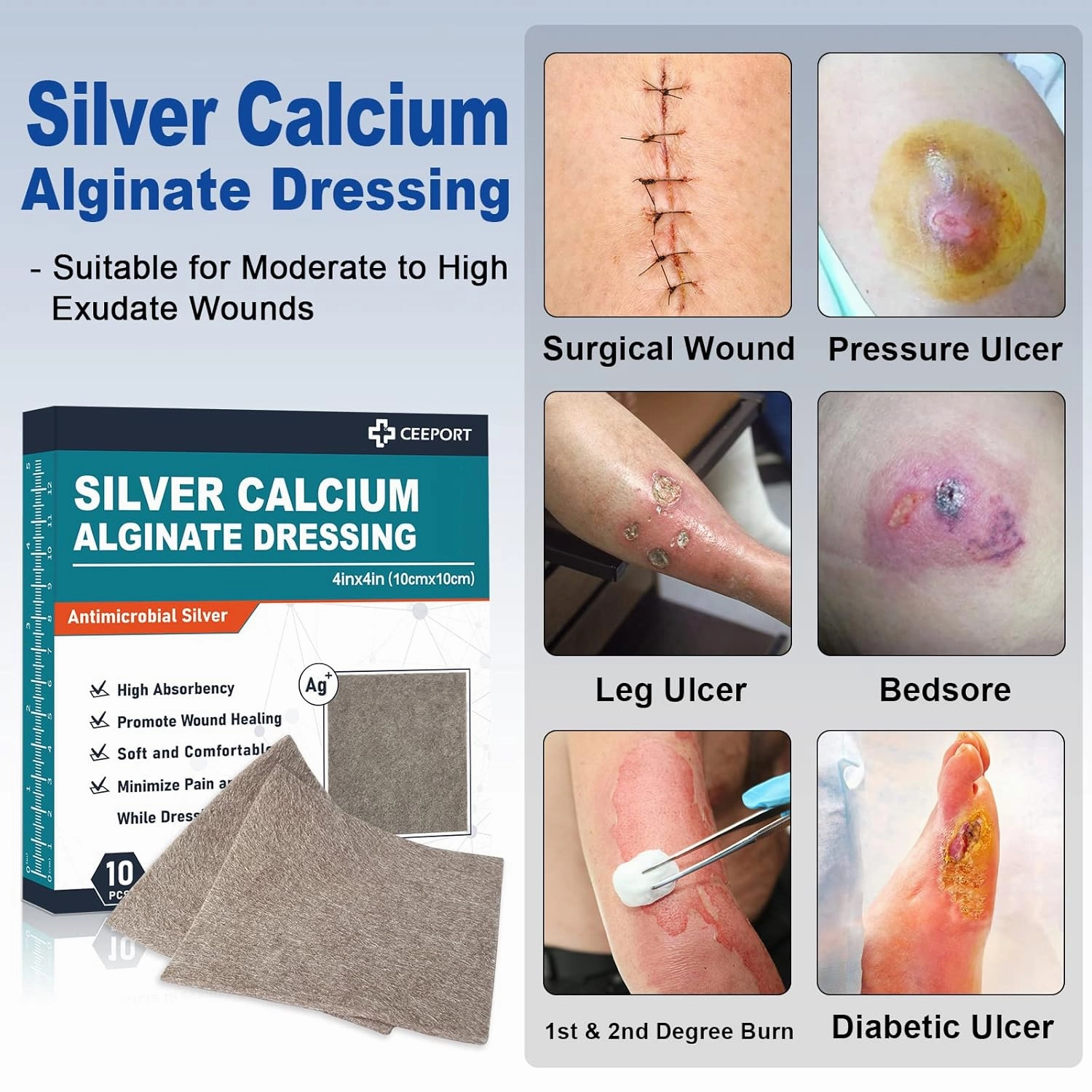 Ag Silver Calcium Alginate Wound Dressing Pads, 4''x4'' Patches, 10 Individual Pack, Soft Silver Dressings for Wound Care, Gentle Highly Absorbent Dressing, Non Stick Gauze Pads for Wounds
