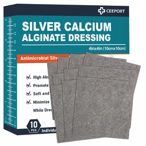 Ag Silver Calcium Alginate Wound Dressing Pads, 4''x4'' Patches, 10 Individual Pack, Soft Silver Dressings for Wound Care, Gentle Highly Absorbent Dressing, Non Stick Gauze Pads for Wounds