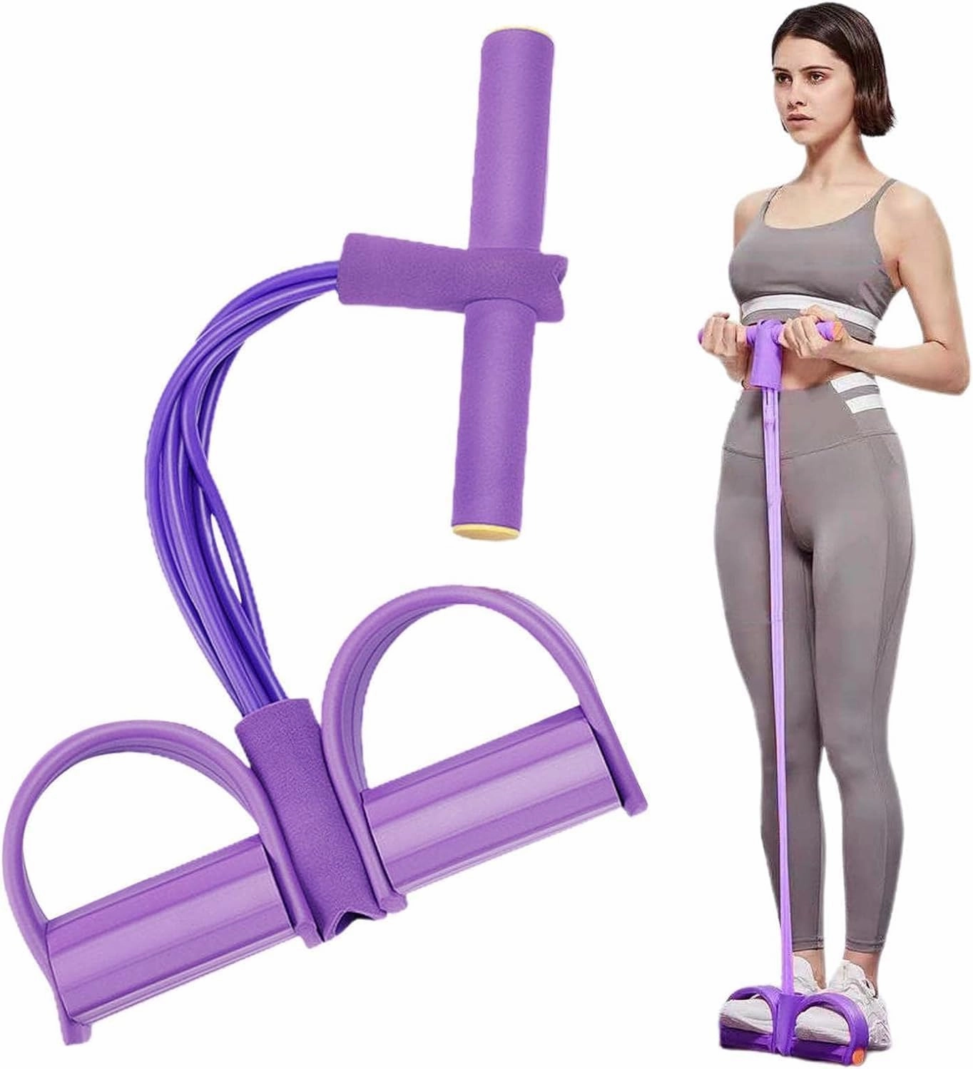 Aimierbuy Stirrup Puller, 21 Fitness Resistance Bands-4 Tube Pedal Ankle Puller, Ab Training Auxiliary Device with Handle, Multifunction Tension Rope for Arm and Leg Workouts