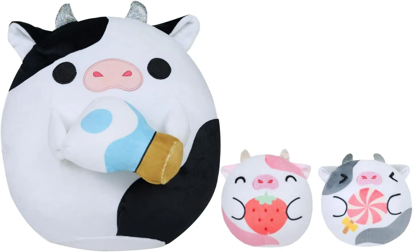 AIROTO Mother Cow Plush Toy with Twin Calves, Soft Cuddly Stuffed Animal Set for Boys and Girls, Mommy Cow with Baby Calves and Milk Bottle for Birthday (Black & White)