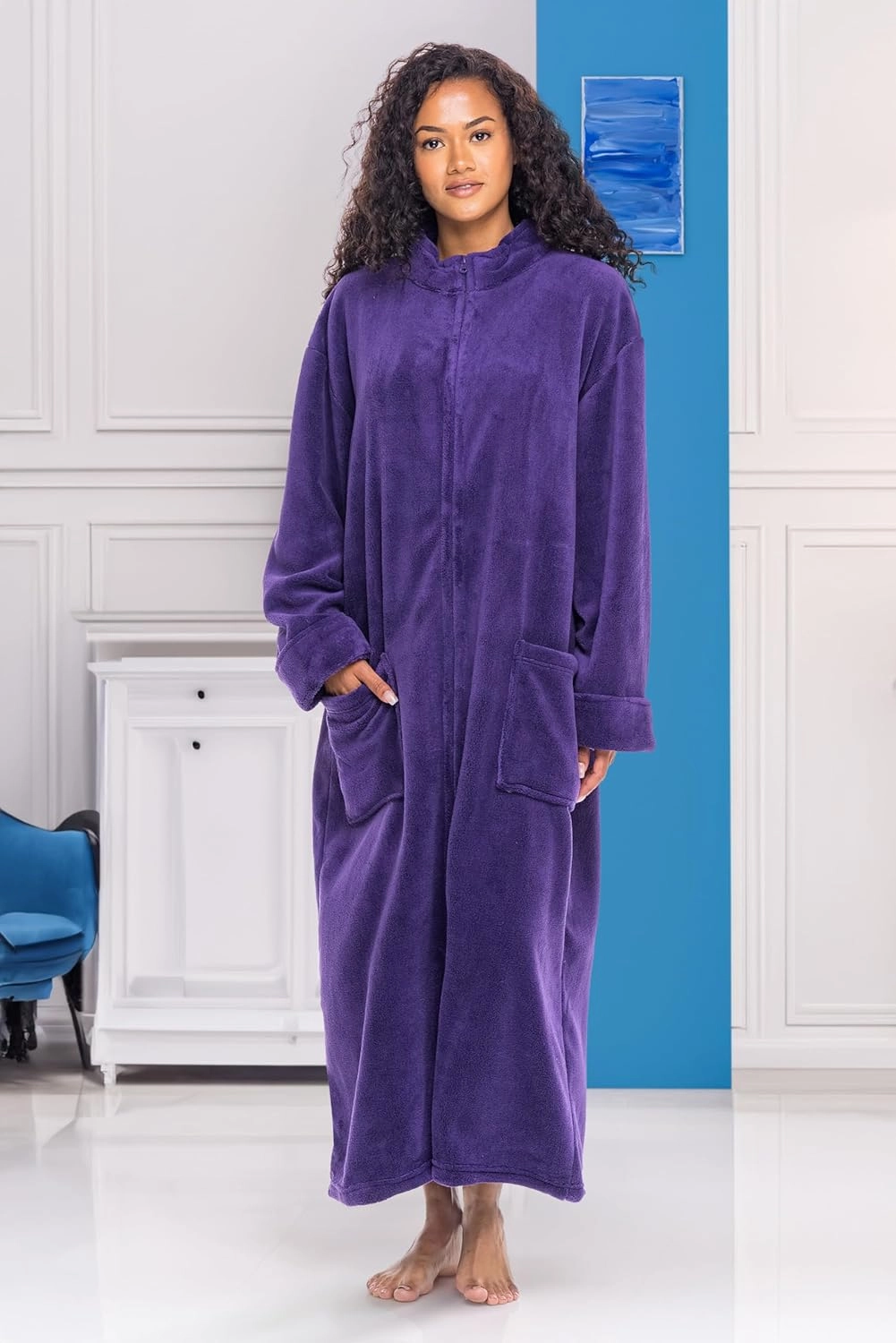 Alexander Del Rossa Long Zip Up Robes, Plush Zipper Robes for Plus Size, Housecoats Zipper Front