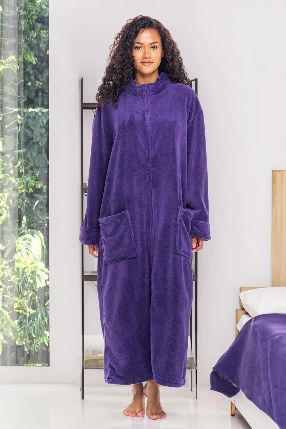 Alexander Del Rossa Long Zip Up Robes, Plush Zipper Robes for Plus Size, Housecoats Zipper Front