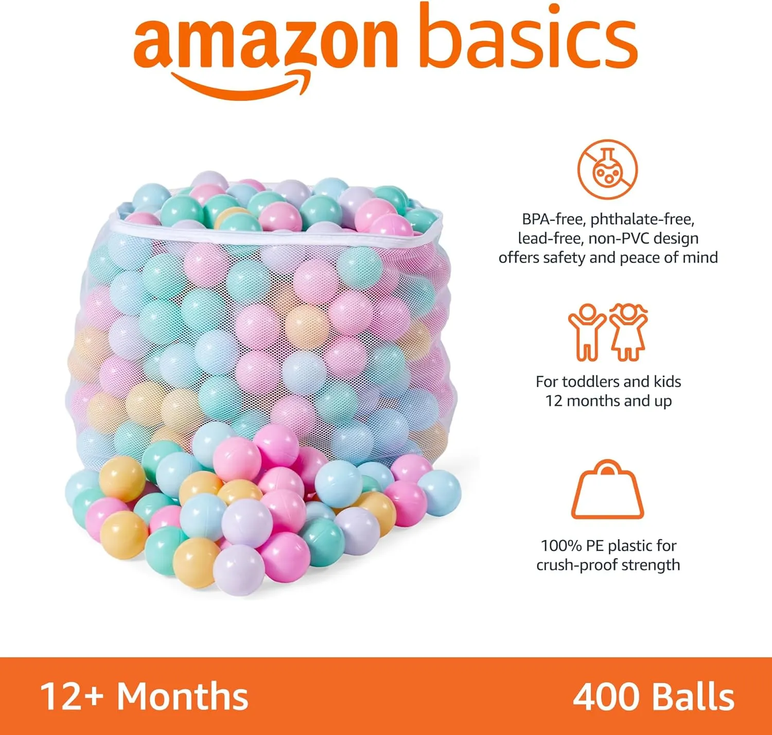 Amazon Basics BPA Free Crush-Proof Plastic Ball, Pit Balls with Storage Bag, Toddlers Kids 12  Months, Pack of 400 Balls, 6 Pastel Colors