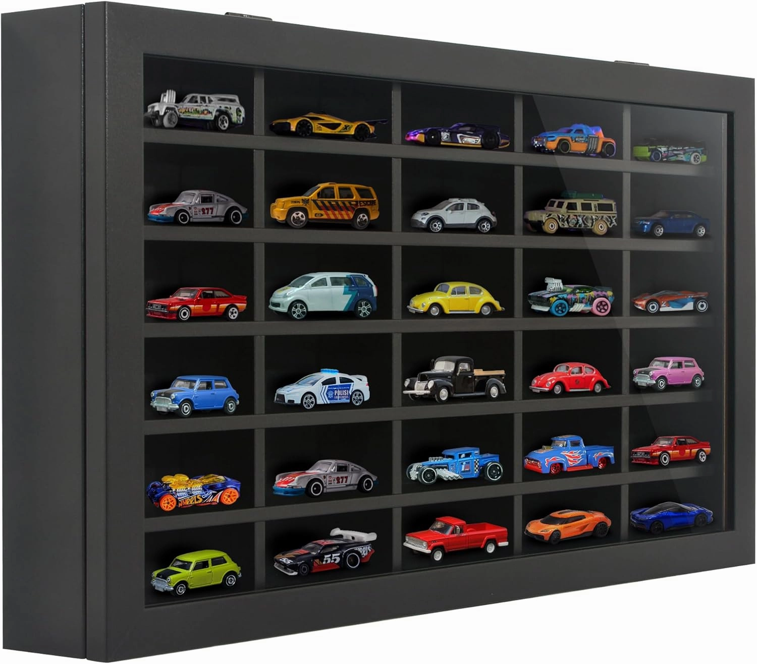 Americanflat 11x18 Toy Car Display Case - Holds up to 30 Cars - Model Car Displays with Removable Shelves and Shatter-Resistant Glass - Wall Mounted Display Cases for Collectibles - Black
